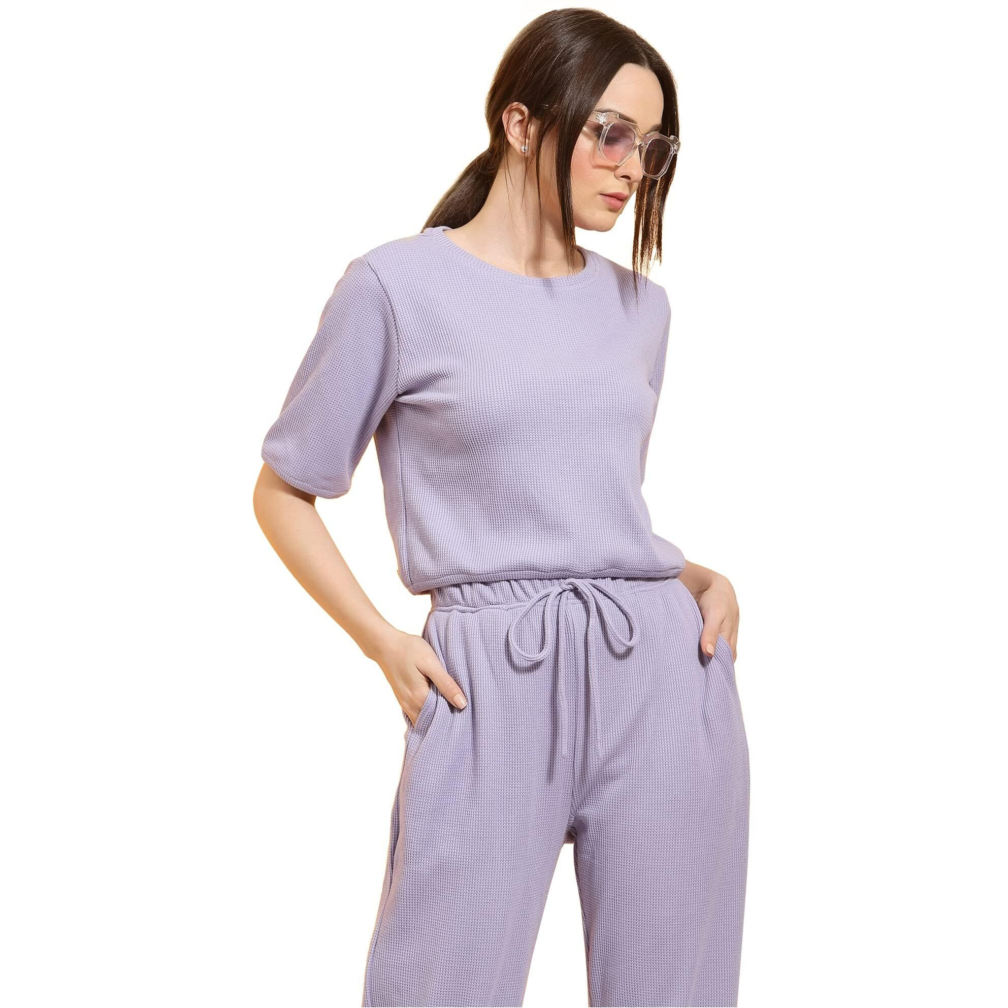 Rigo Women's Cotton Blend Waffle Knit Ankle Length Co-Ord Set (Wtrkst1037-S_Light Purple2