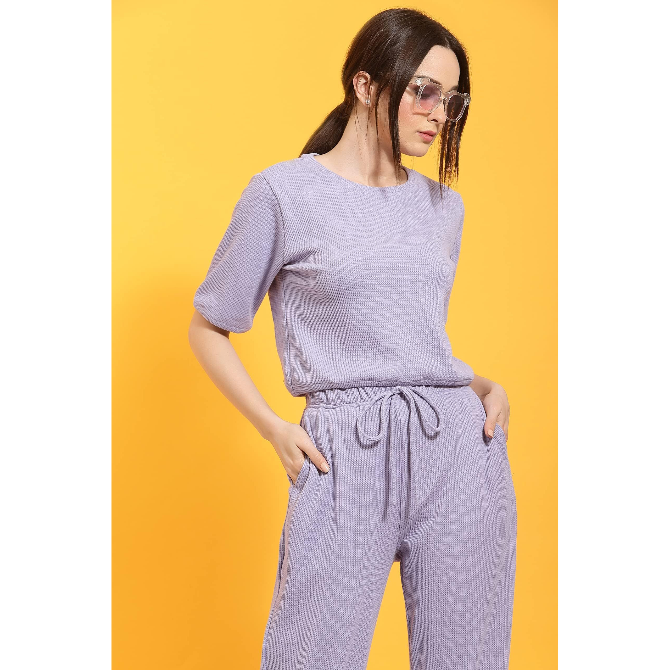 Rigo Women's Cotton Blend Waffle Knit Ankle Length Co-Ord Set (Wtrkst1037-S_Light Purple2