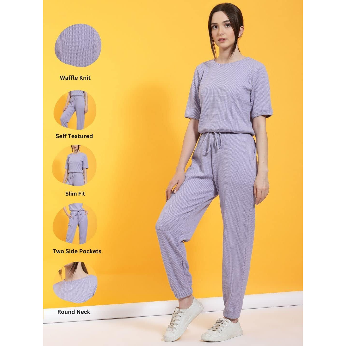 Rigo Women's Cotton Blend Waffle Knit Ankle Length Co-Ord Set (Wtrkst1037-S_Light Purple2