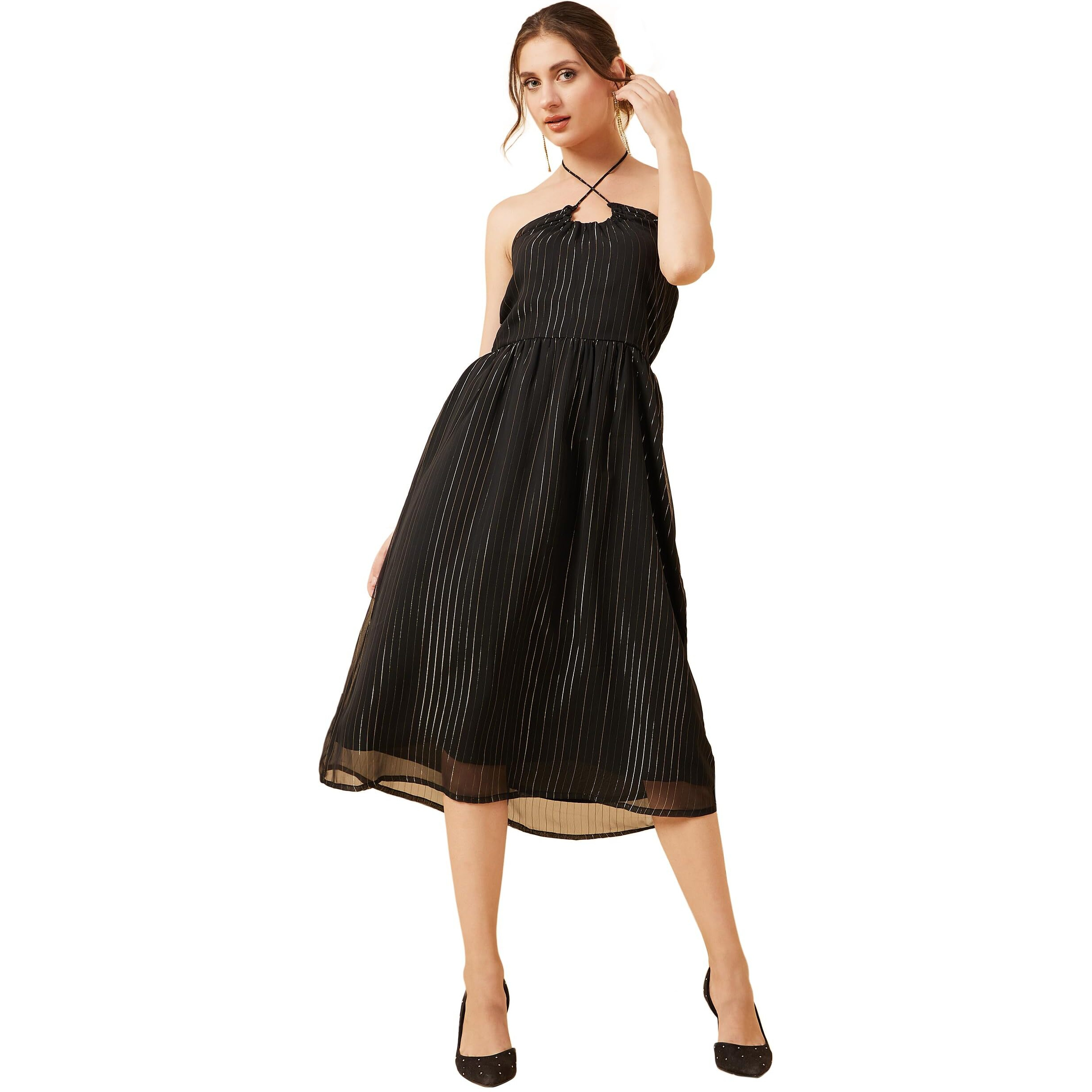 Rare Women's Georgette A-Line Midi Casual Dress (Ep7106_Black_Xl)