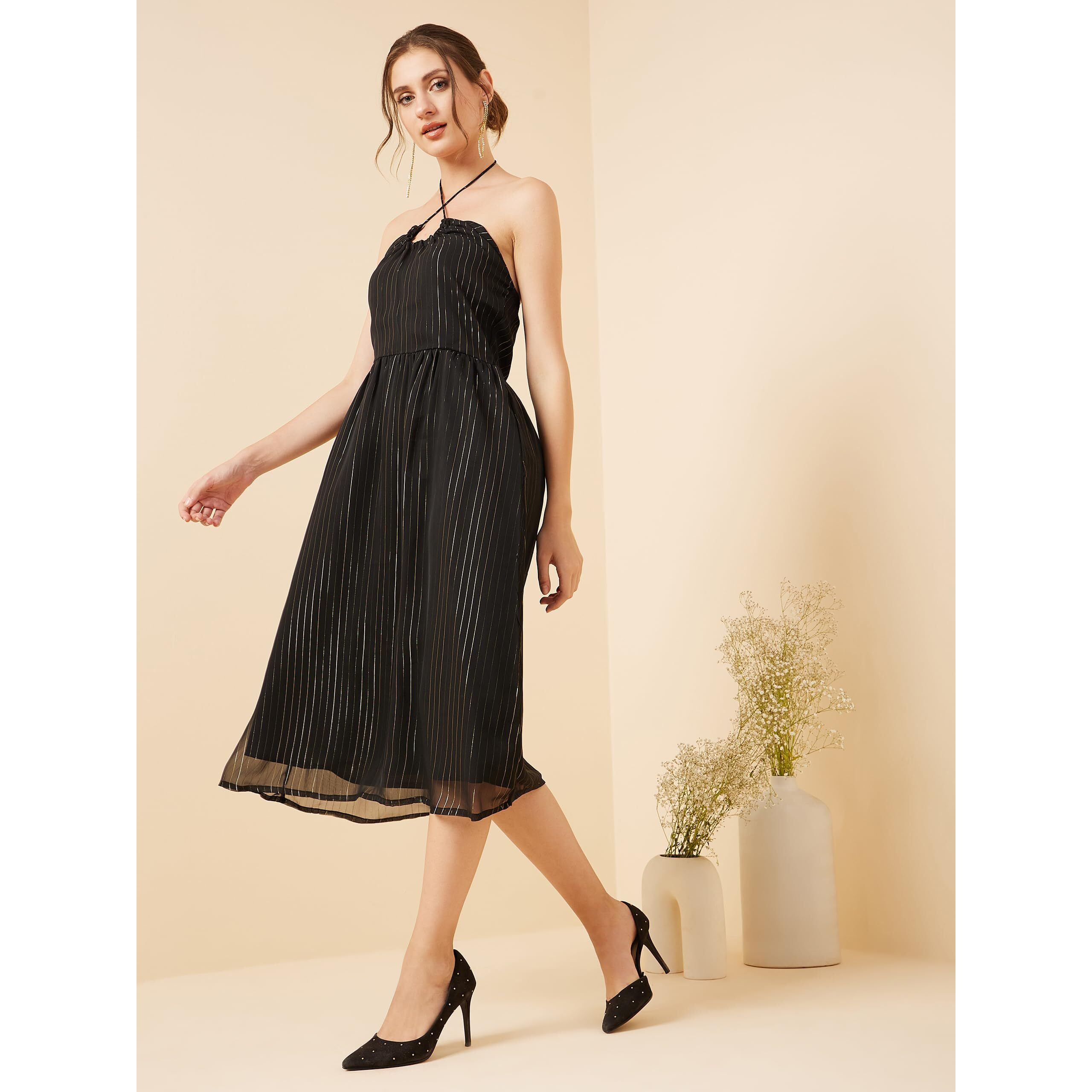 Rare Women's Georgette A-Line Midi Casual Dress (Ep7106_Black_Xl)