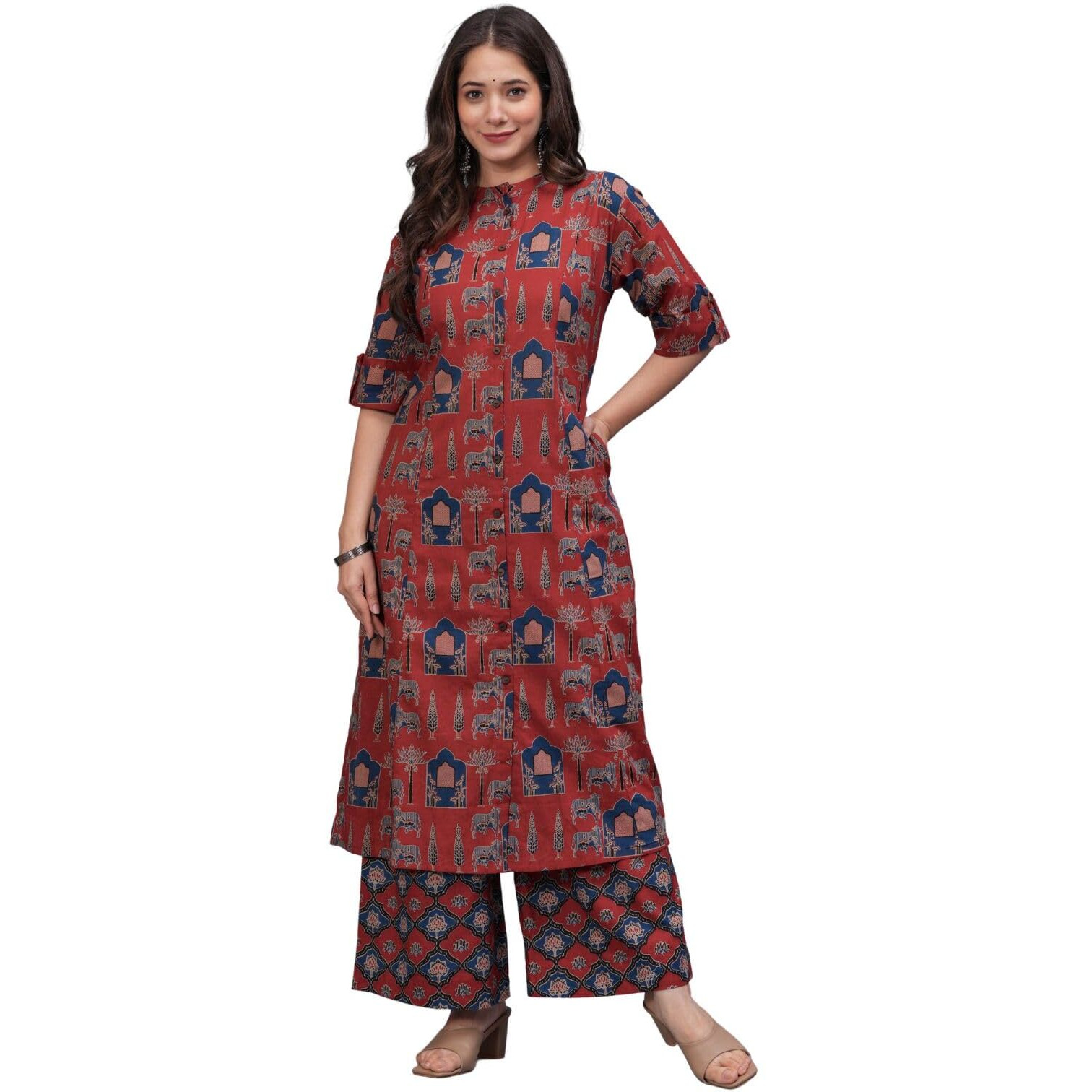Rytras Women's Pure Cotton Printed A-Line Kurta Set With Palazzo Pants - Ethnic Wear, Maroon(Ryt595,L)