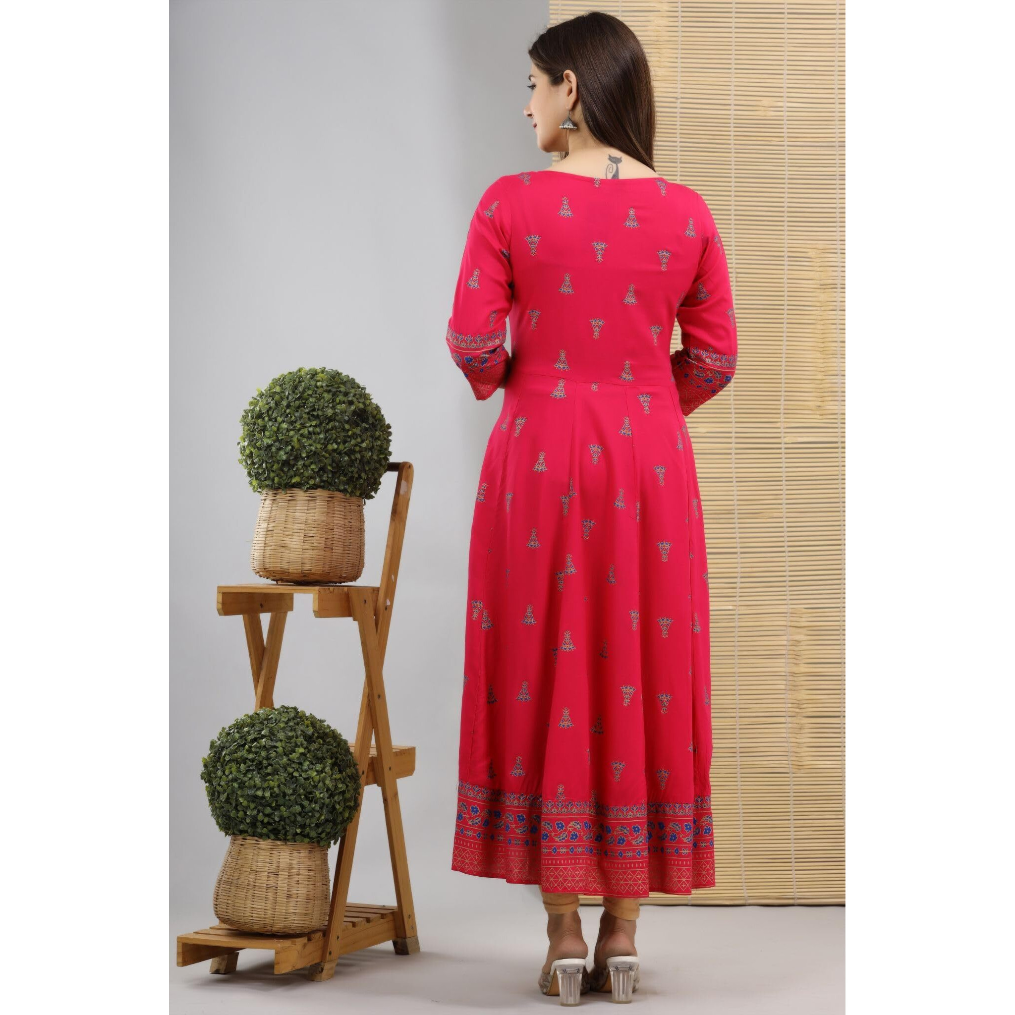 Rytras Women's Rayon Printed Anarkali Kurta(Ryt256,S) Pink