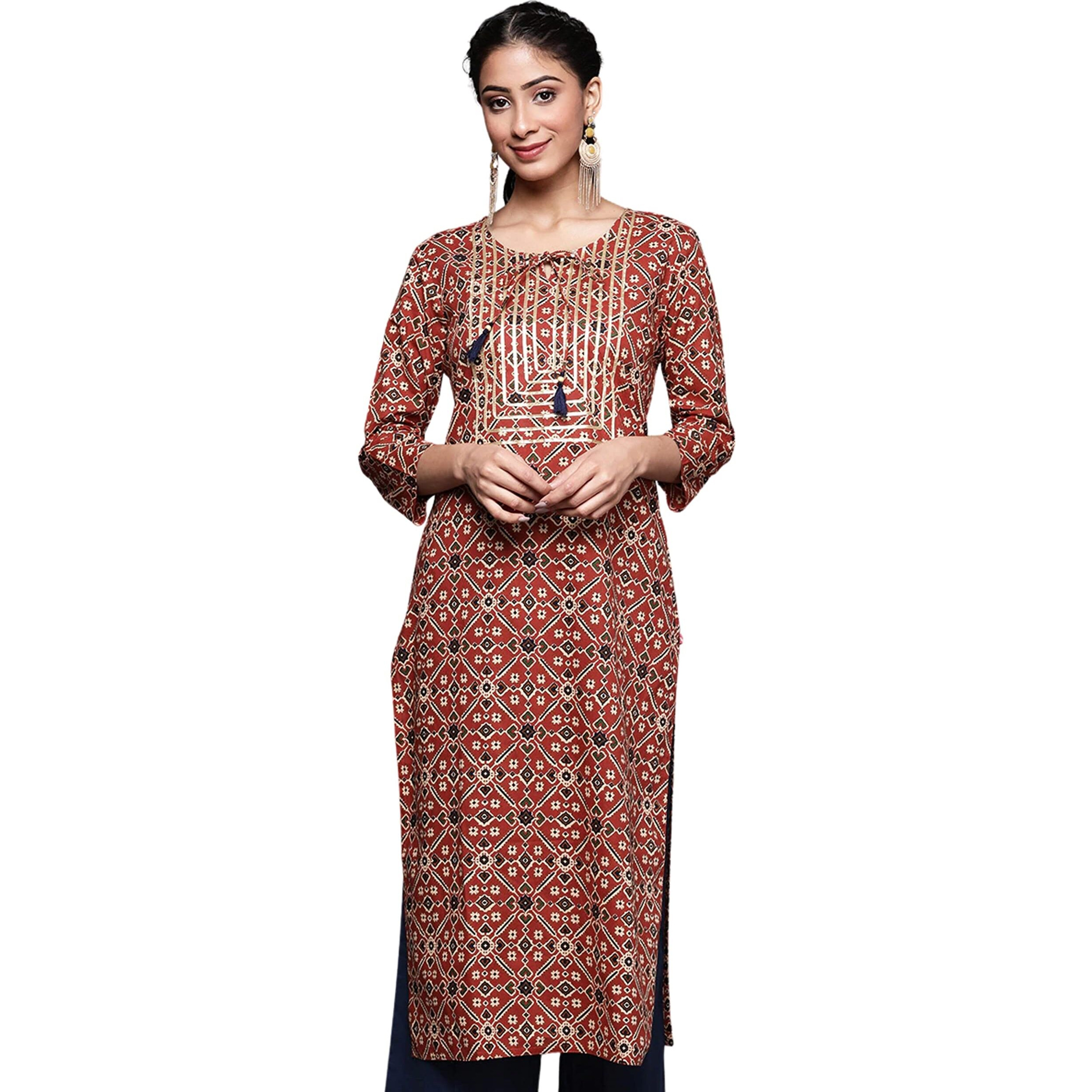 Rytras Women's Cotton Printed Straight Kurta(Ryt310_Maroon_Medium)