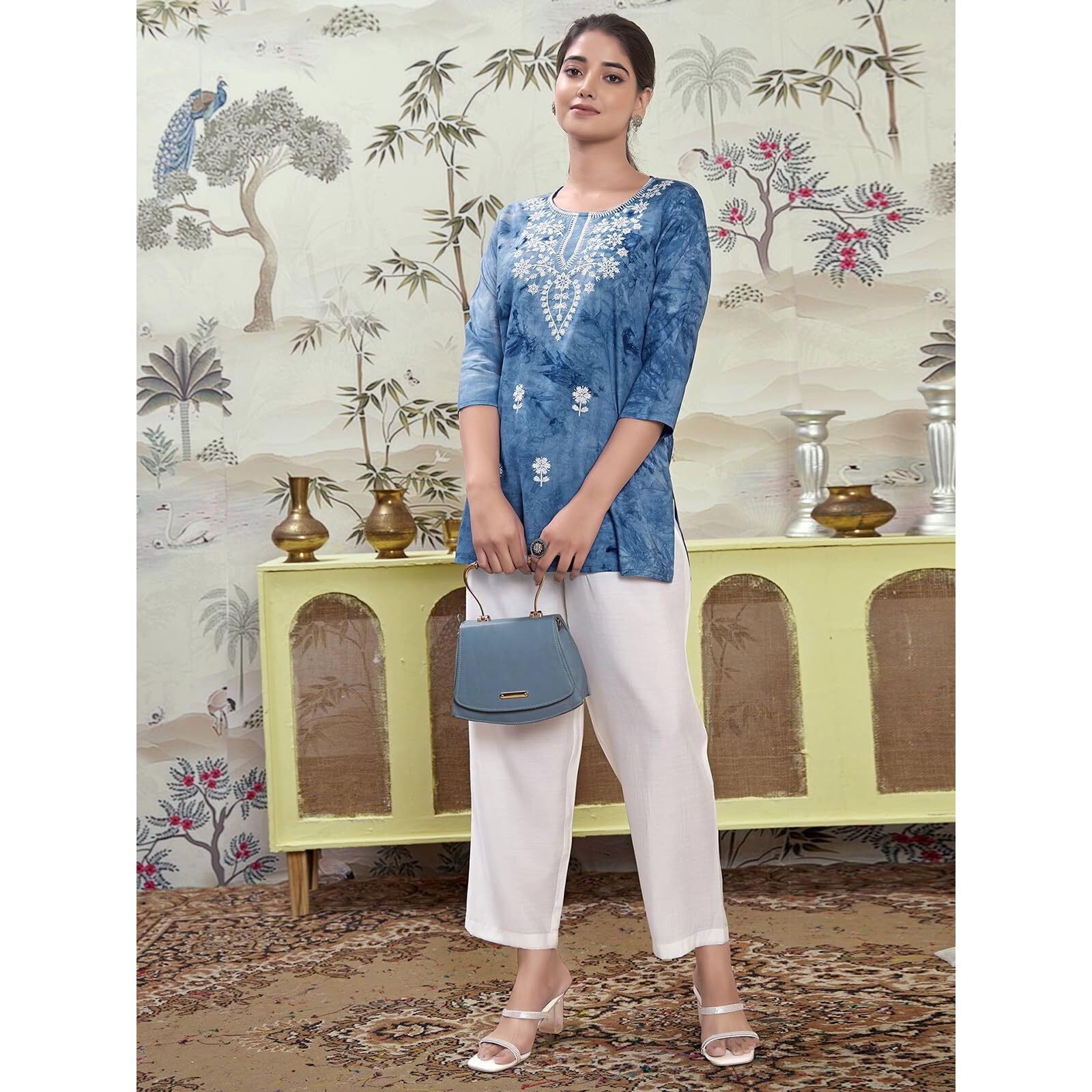 Sanisa Women's Rayon Chikankari Embroidery Short Length Straight Kurti (479K283N-Xxl_Dark Blue)