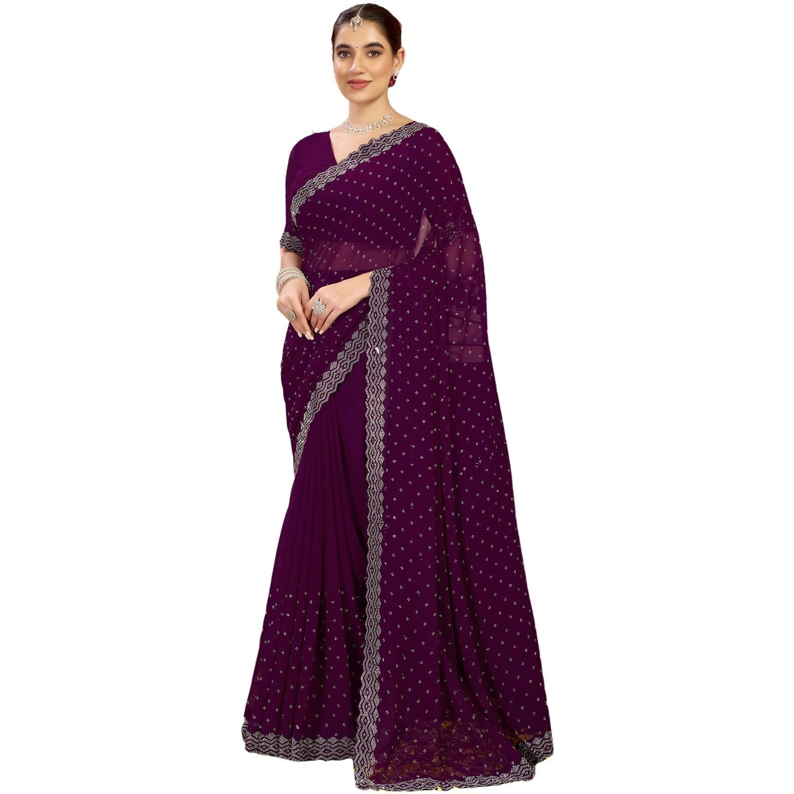 Satrani Women's Georgette Stone Work Saree With Unstitched Blouse Piece (4085S190N_Dark Purple)