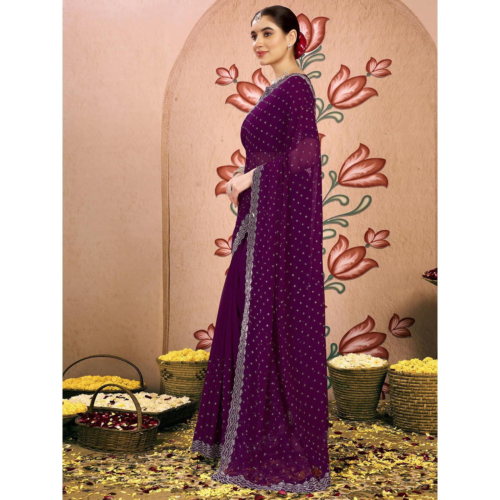 Satrani Women's Georgette Stone Work Saree With Unstitched Blouse Piece (4085S190N_Dark Purple)