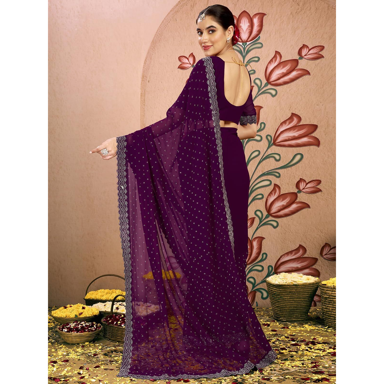 Satrani Women's Georgette Stone Work Saree With Unstitched Blouse Piece (4085S190N_Dark Purple)
