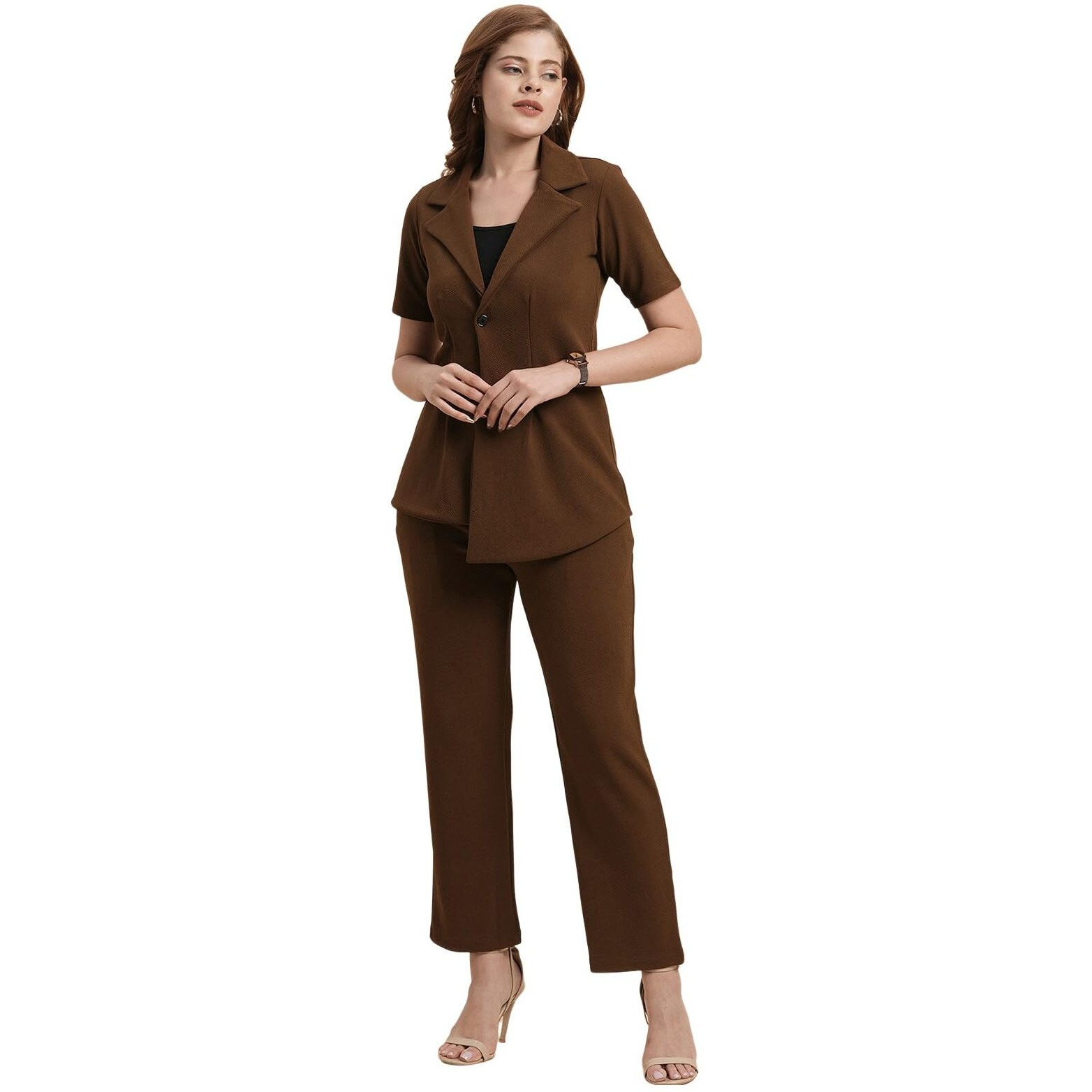 Selvia Co-Ords Set For Women|Lycra Shirt And Trouser Set|Casual Co-Ords Set For Women|Two Piece Co-Ord Set|Office Wear Co-Ords Set(717Ctk11725N-L_Brown)
