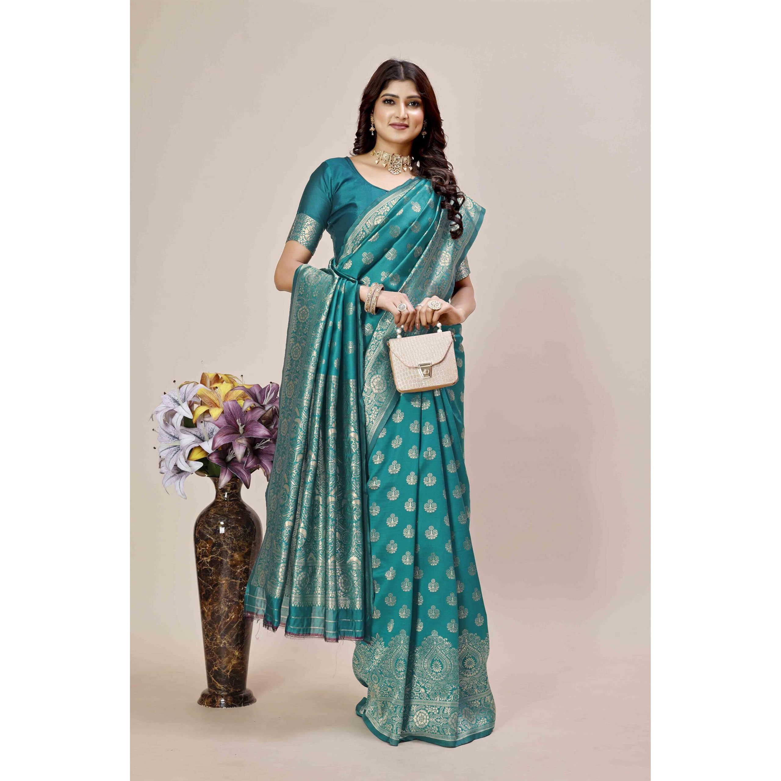 Shasmi Women's Banarasi Saree Pure Kanjivaram Silk Saree Soft New Ladies 2025 Design Wear Pattu Sarees Latest Party Sari Collections With Blouse Piece For Wedding Sadi (Pari-216 Rama)