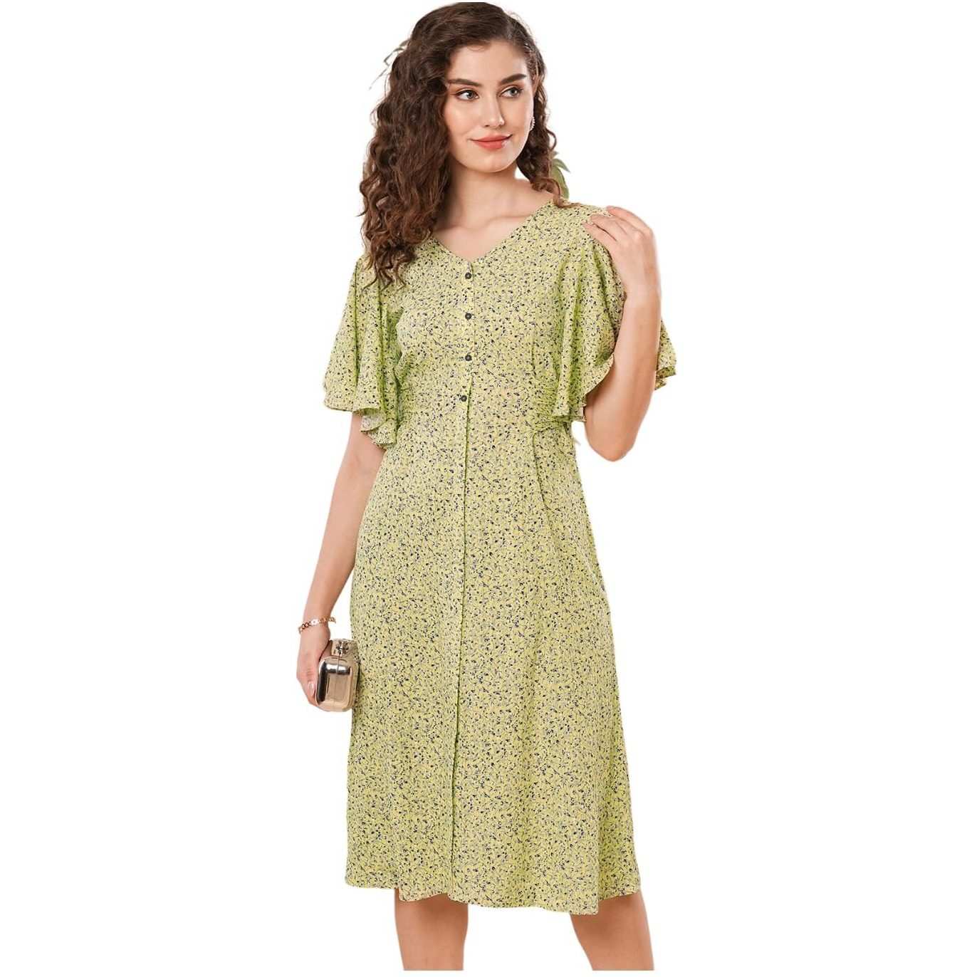 Selvia Women's Western Dress | Printed Flutter Sleeve Thick Georgette Western Dress For Women | V-Neck A-Line Dress For Women | One Piece Dress For Women (164Dtk2828N-S_Lemon Yellow & Grey & Blue)