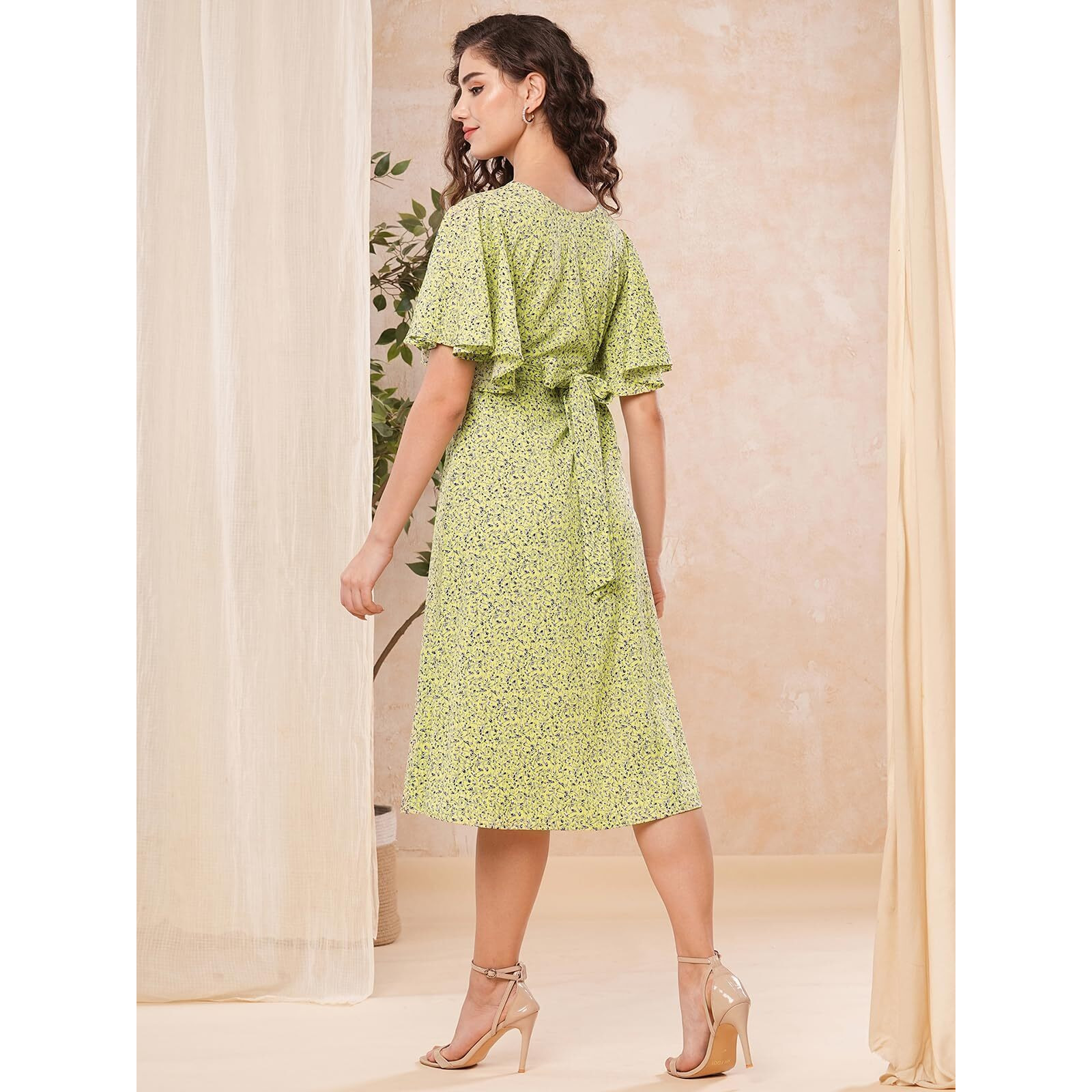 Selvia Women's Western Dress | Printed Flutter Sleeve Thick Georgette Western Dress For Women | V-Neck A-Line Dress For Women | One Piece Dress For Women (164Dtk2828N-S_Lemon Yellow & Grey & Blue)