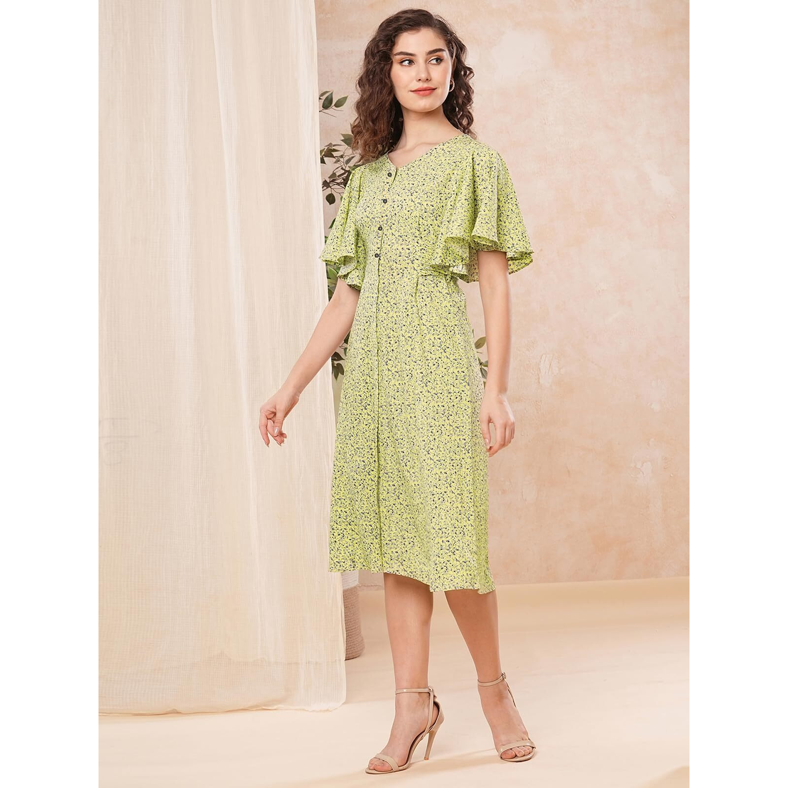Selvia Women's Western Dress | Printed Flutter Sleeve Thick Georgette Western Dress For Women | V-Neck A-Line Dress For Women | One Piece Dress For Women (164Dtk2828N-S_Lemon Yellow & Grey & Blue)