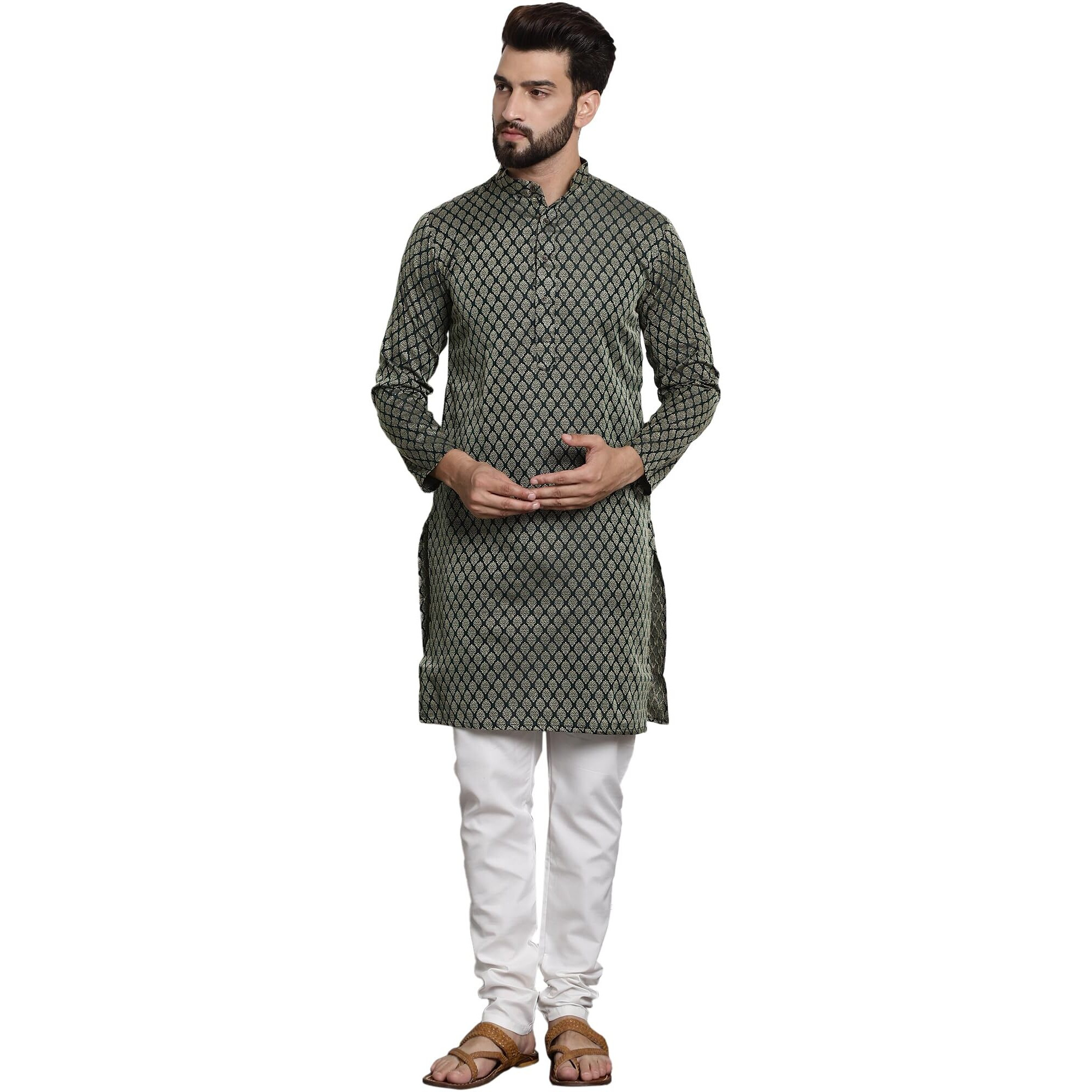 Sojanya (Since 1958 Men's Silk Blend Dark Green Self Design Kurta And White Churidar Pyjama Set