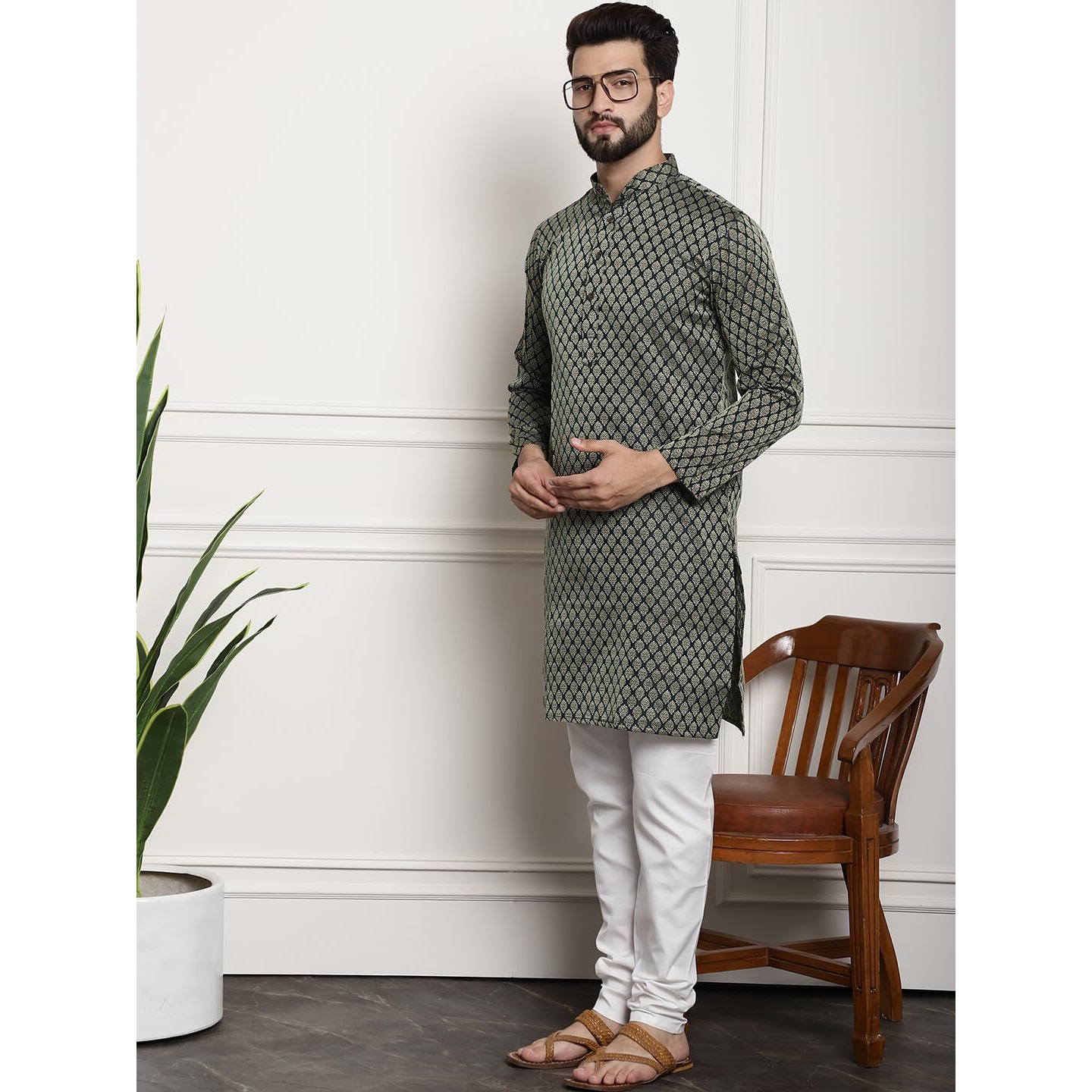 Sojanya (Since 1958 Men's Silk Blend Dark Green Self Design Kurta And White Churidar Pyjama Set