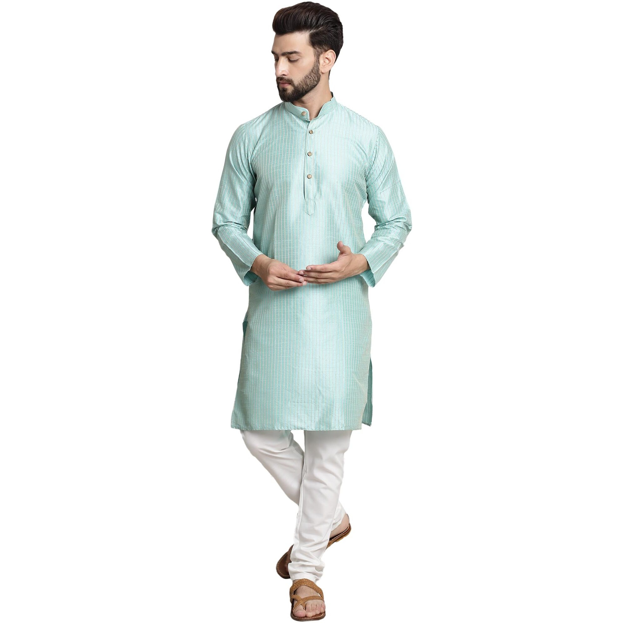 Sojanya (Since 1958 Men's Silk Blend Sea Green Pintex Kurta And White Churidar Pyjama Set