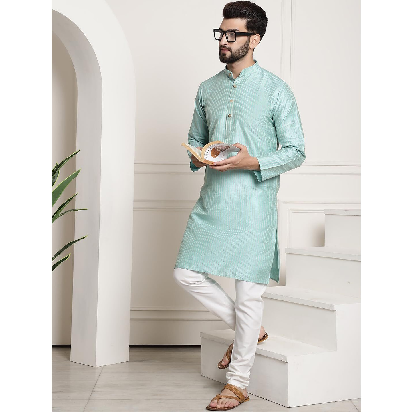 Sojanya (Since 1958 Men's Silk Blend Sea Green Pintex Kurta And White Churidar Pyjama Set