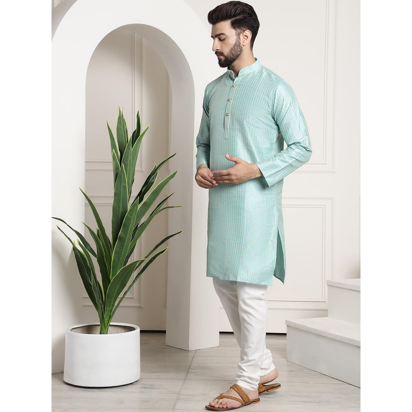 Sojanya (Since 1958 Men's Silk Blend Sea Green Pintex Kurta And White Churidar Pyjama Set