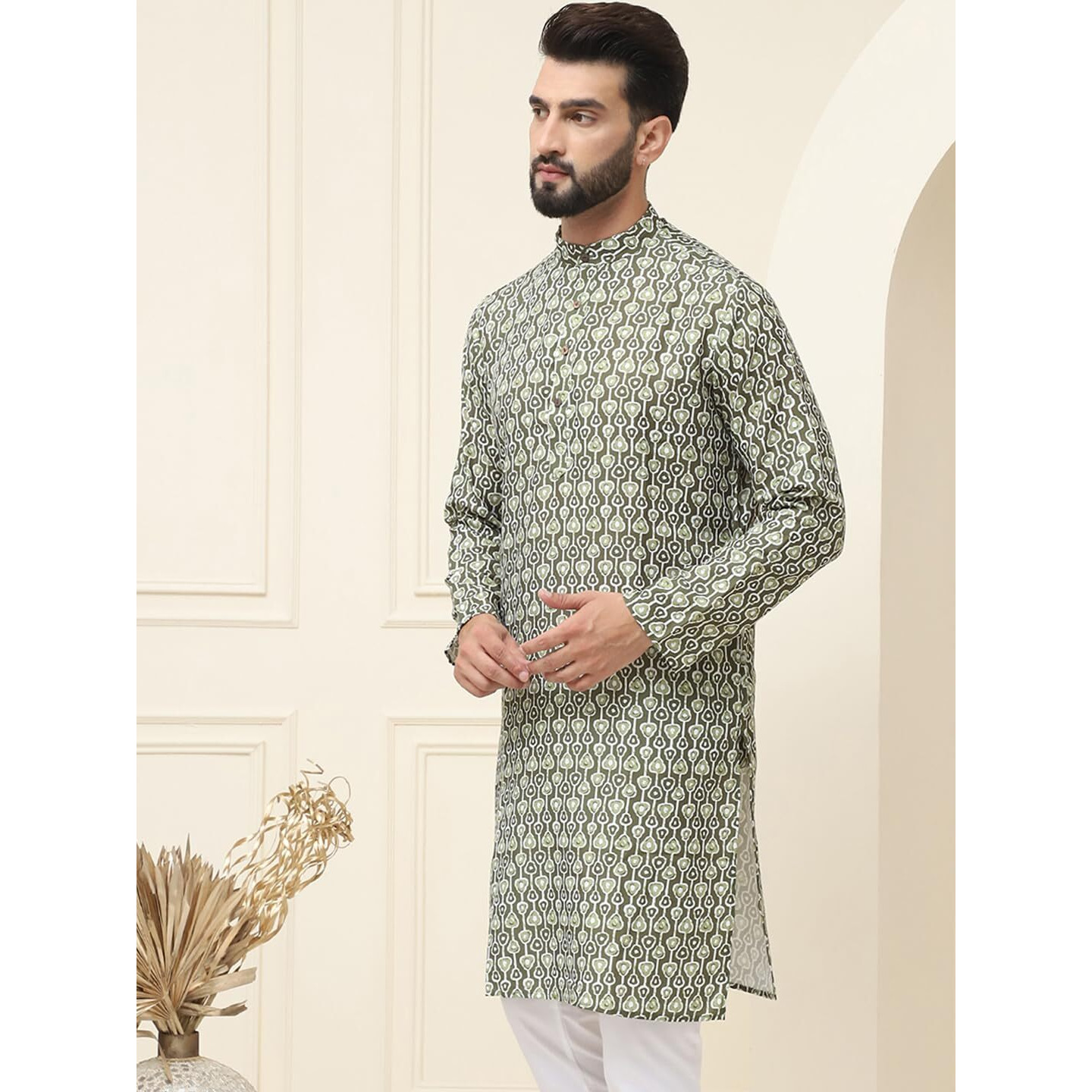 Sojanya (Since 1958 Men's Pure Cotton Mehndi Printed Only Long Kurta