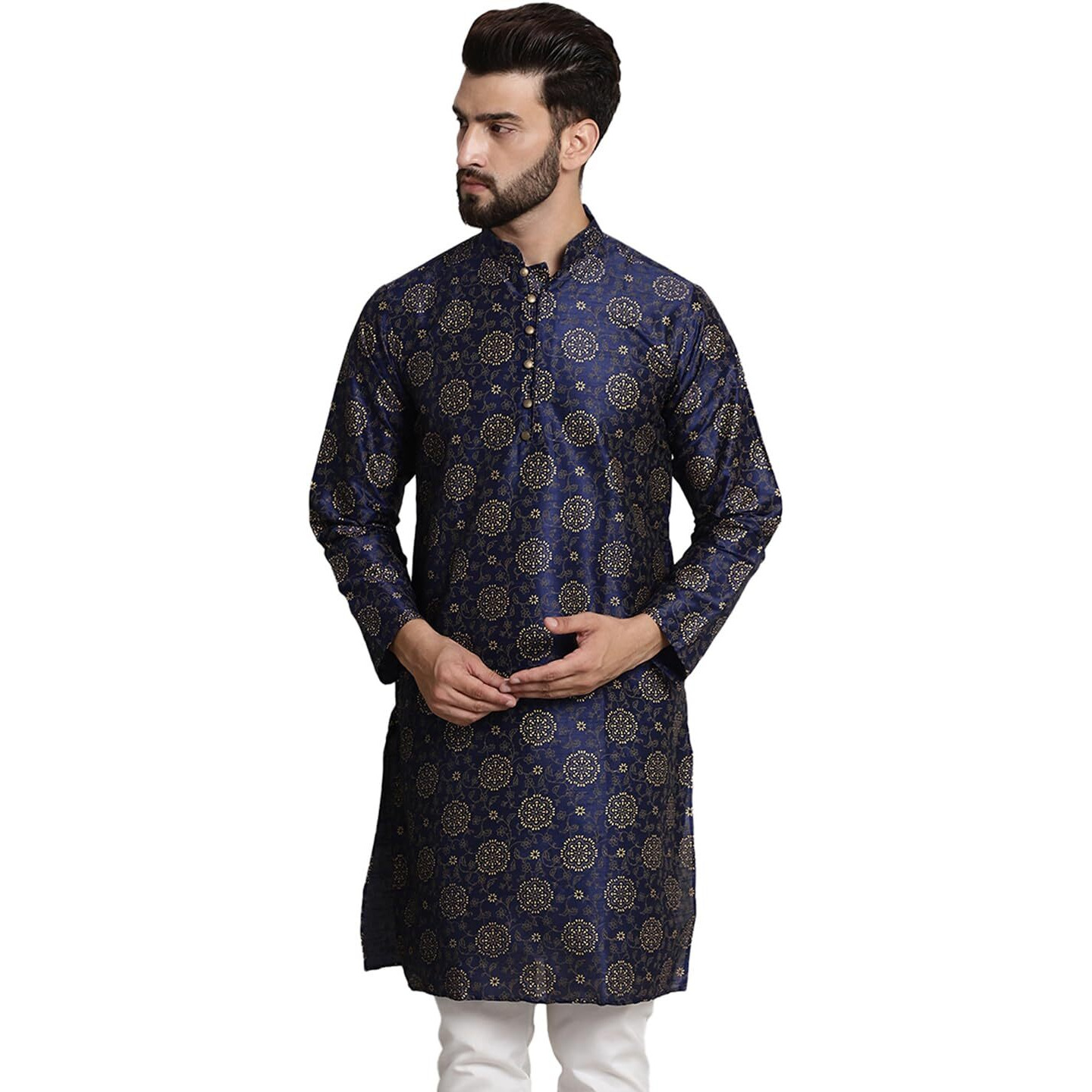 Sojanya (Since 1958 Men's Silk Blend Navy Blue Color Print Design Only Long Kurta