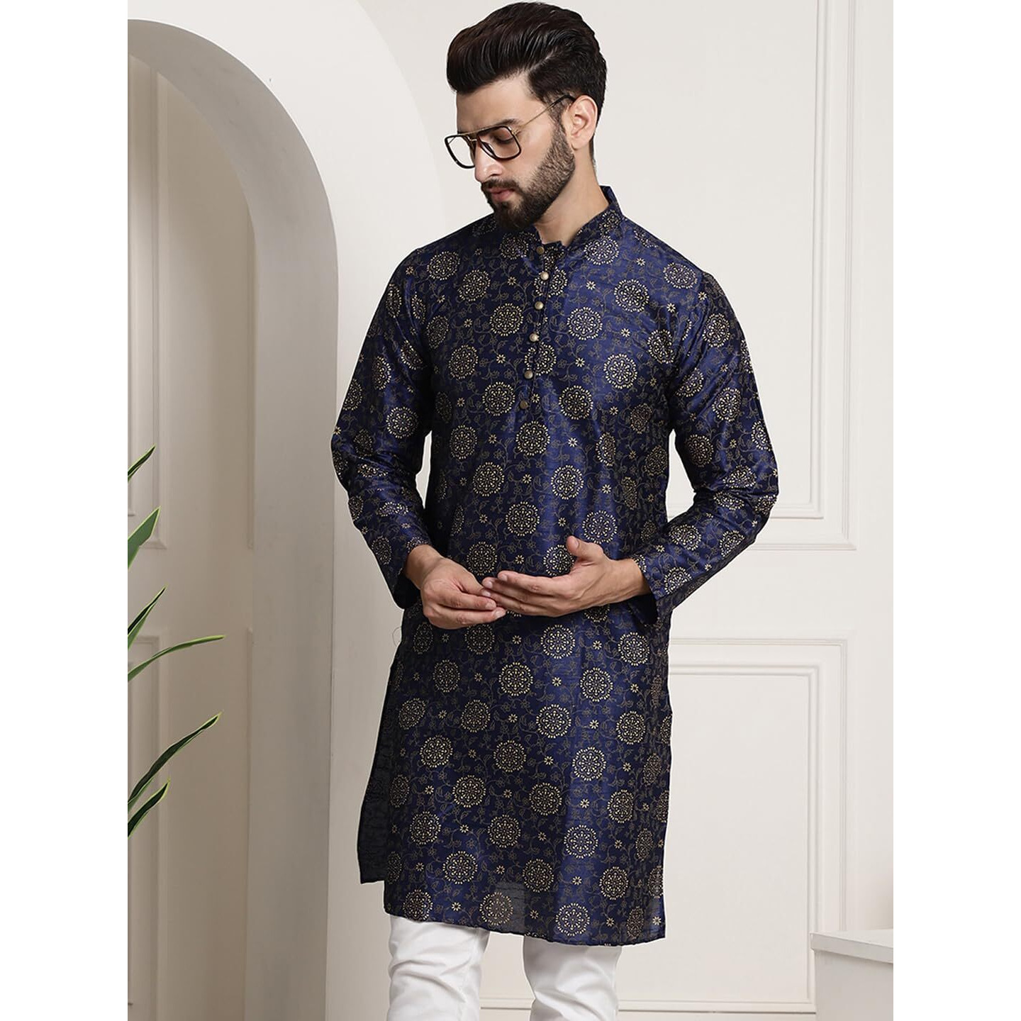 Sojanya (Since 1958 Men's Silk Blend Navy Blue Color Print Design Only Long Kurta