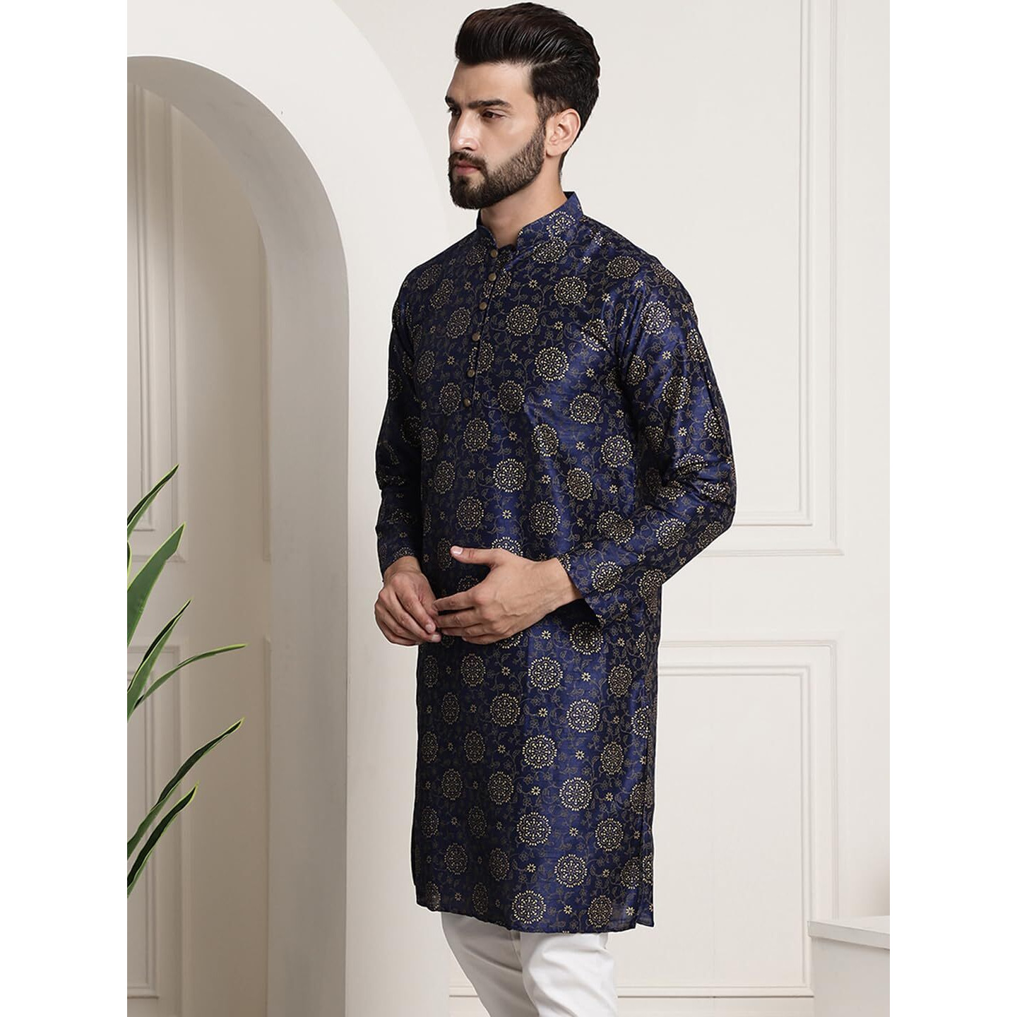 Sojanya (Since 1958 Men's Silk Blend Navy Blue Color Print Design Only Long Kurta