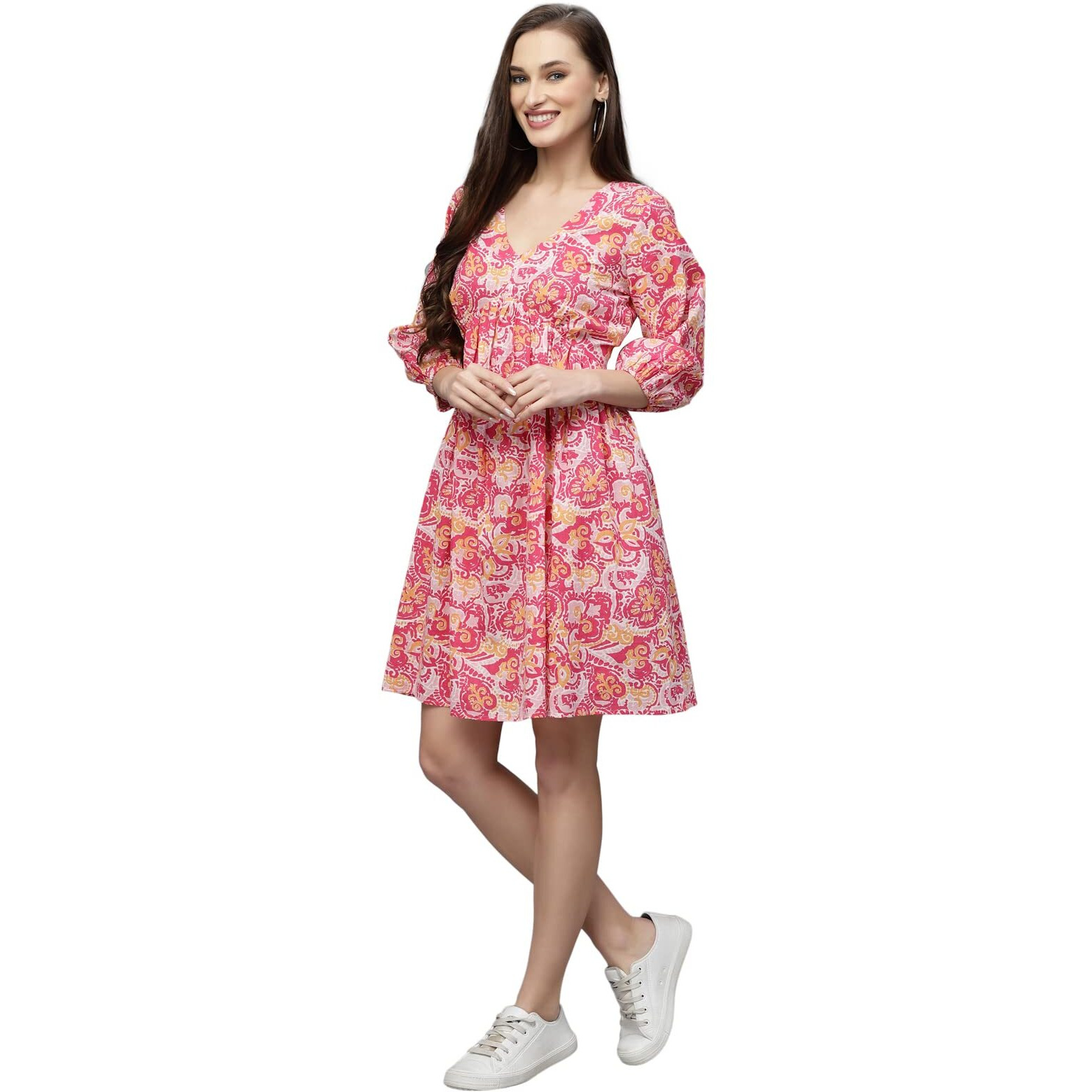 Stylum Women's Floral Printed Cotton Flared Dress (Drssoul40_Pink, L)