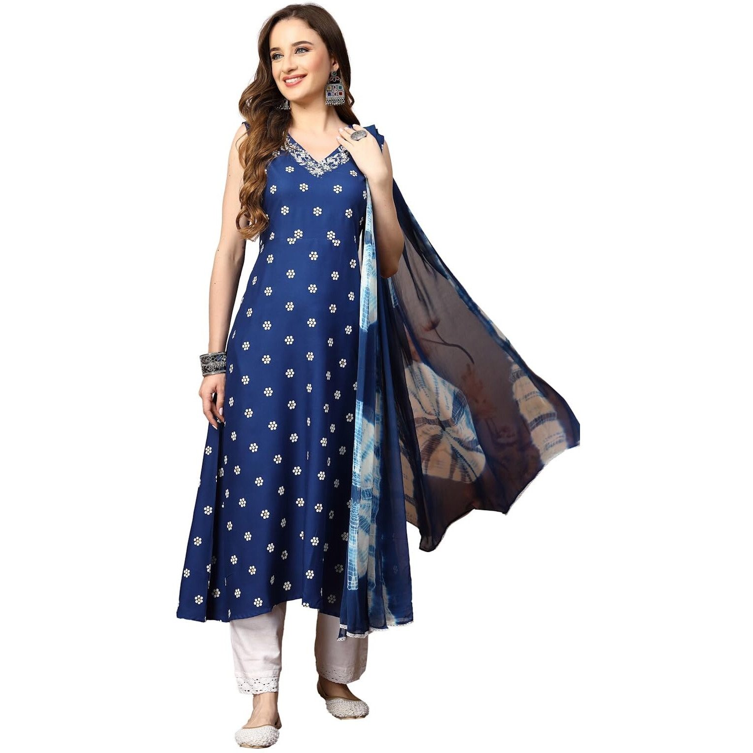 Stylum Women's Floral Printed & Embroidered Rayon A-Line Kurta Dupatta Set (Kdroyalrasna38_Royal Blue, M)