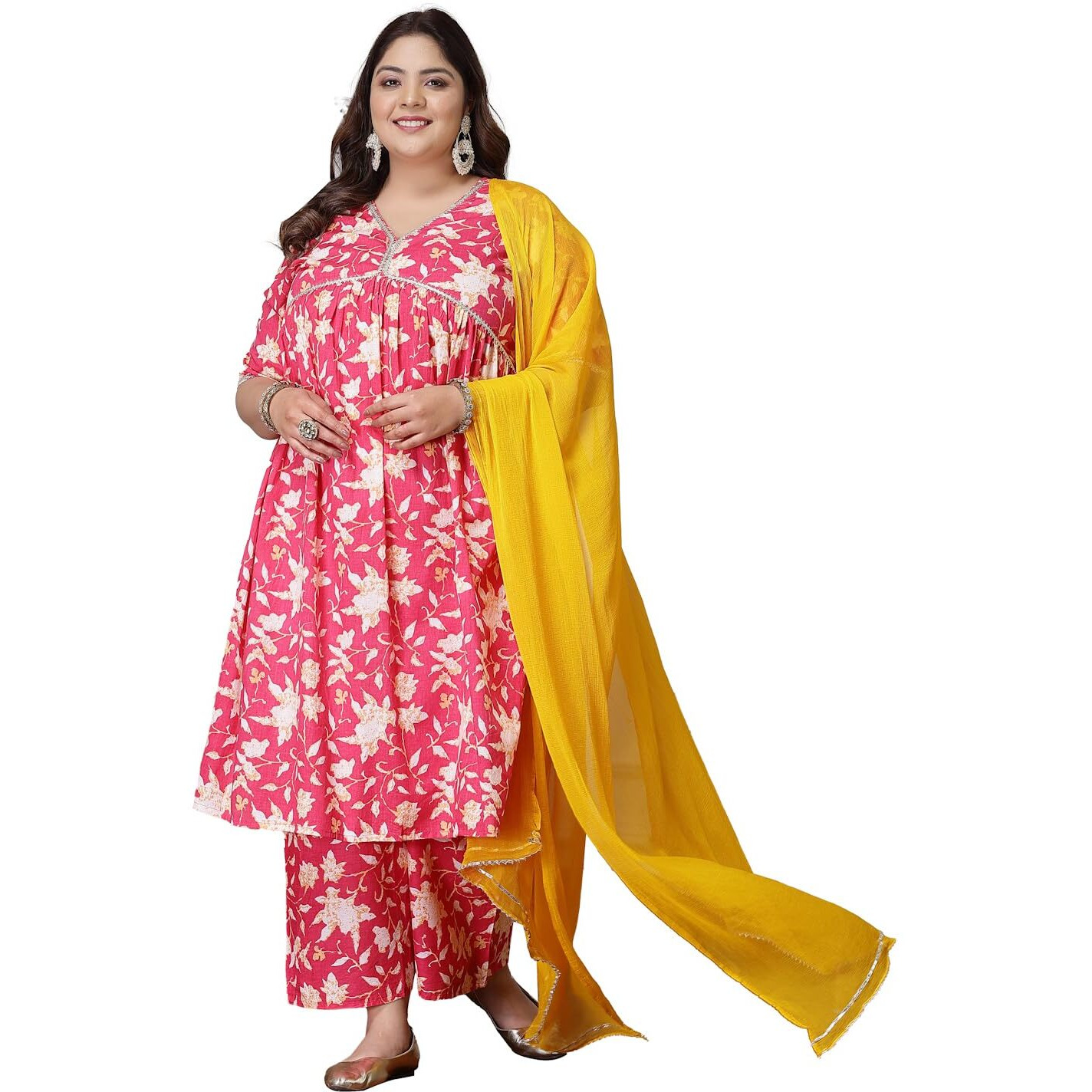 Stylum Plus Size Women Floral Printed Cotton Alia Cut Kurta Palazzo Dupatta Set (Kpdpinkzaylaplus50_Pink, 5Xl)