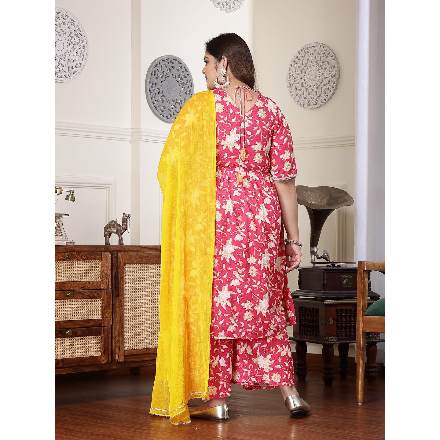 Stylum Plus Size Women Floral Printed Cotton Alia Cut Kurta Palazzo Dupatta Set (Kpdpinkzaylaplus50_Pink, 5Xl)