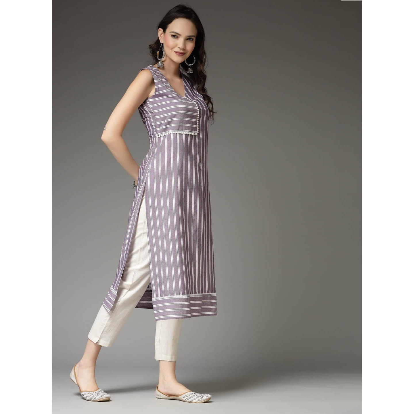 Stylum Women's Woven Striped Cotton Blend Straight Kurta (Xtatoomauve42_Mauve, Xl)