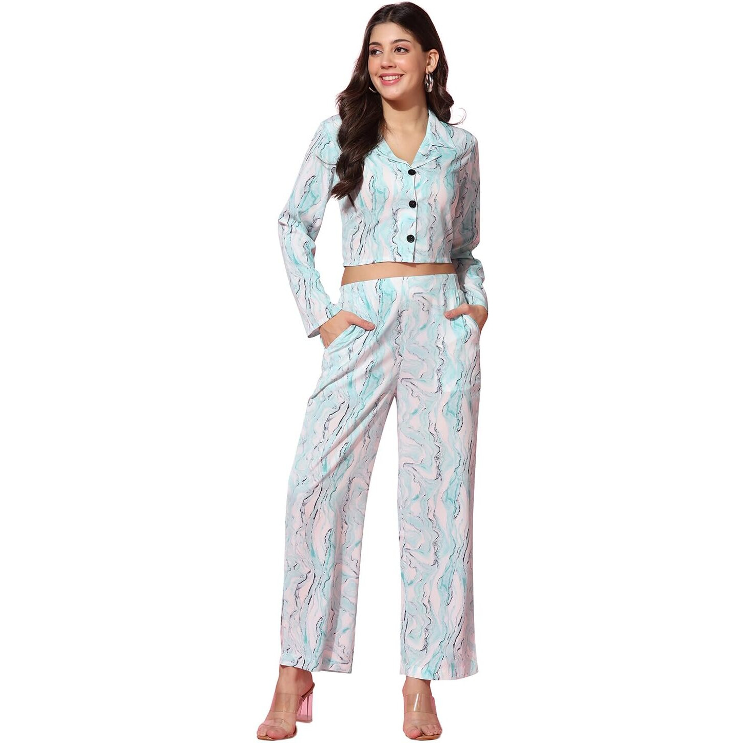 Tagdo Women's Co-Ords Printed Dress Set (Shirt-Pair-5150-Sky-Xxl)