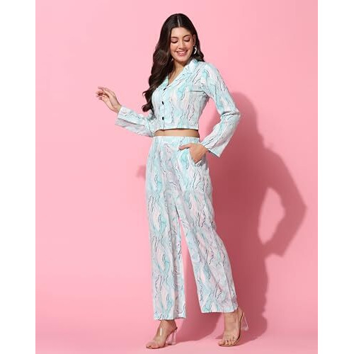 Tagdo Women's Co-Ords Printed Dress Set (Shirt-Pair-5150-Sky-Xxl)