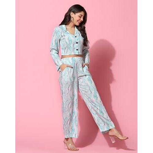 Tagdo Women's Co-Ords Printed Dress Set (Shirt-Pair-5150-Sky-Xxl)