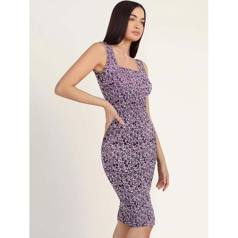 Toochki Women's Purple Lycra Botanical Print Bodycon Western Dress | Dress For Women | A Line Dress | Winter Dress | Western Dress | Latest Women Dress | Trendy Dress | Midi Dress