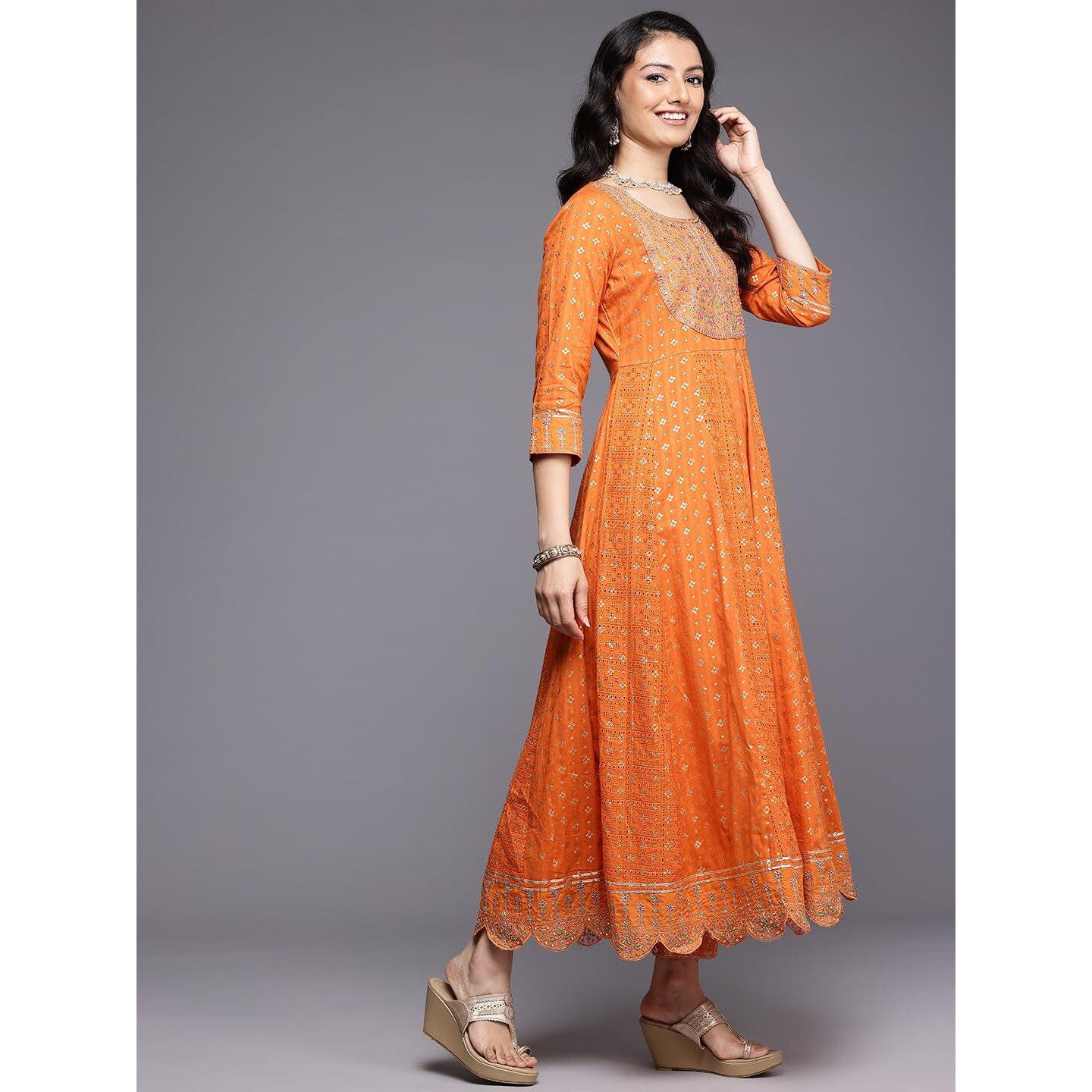 Varanga Women Orange Mirror And Thread Embroidered,Zari Embellished Scalloped Schiffli Anarkali Kurta Paired Wirh Printed Bottom And Embroidered Dupatta
