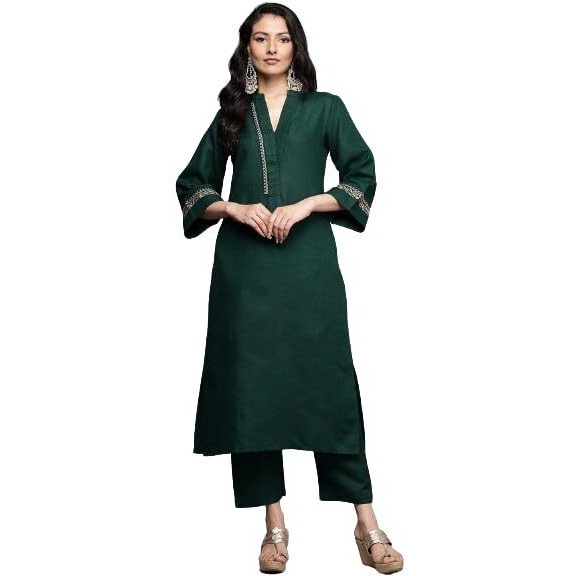 Varanga Women's Green Mandarin Collar Thread Embroidered With Pleate Deatialing Kurta Paired With Bottom