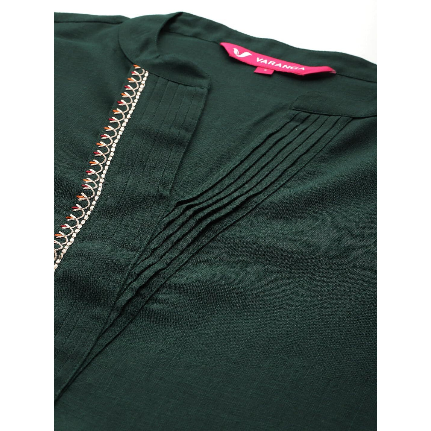 Varanga Women's Green Mandarin Collar Thread Embroidered With Pleate Deatialing Kurta Paired With Bottom