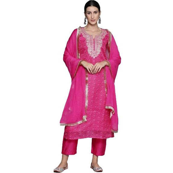 Varanga Women Pink Bandhani Printed Straight Kurta Paired With Bottom And Dupatta