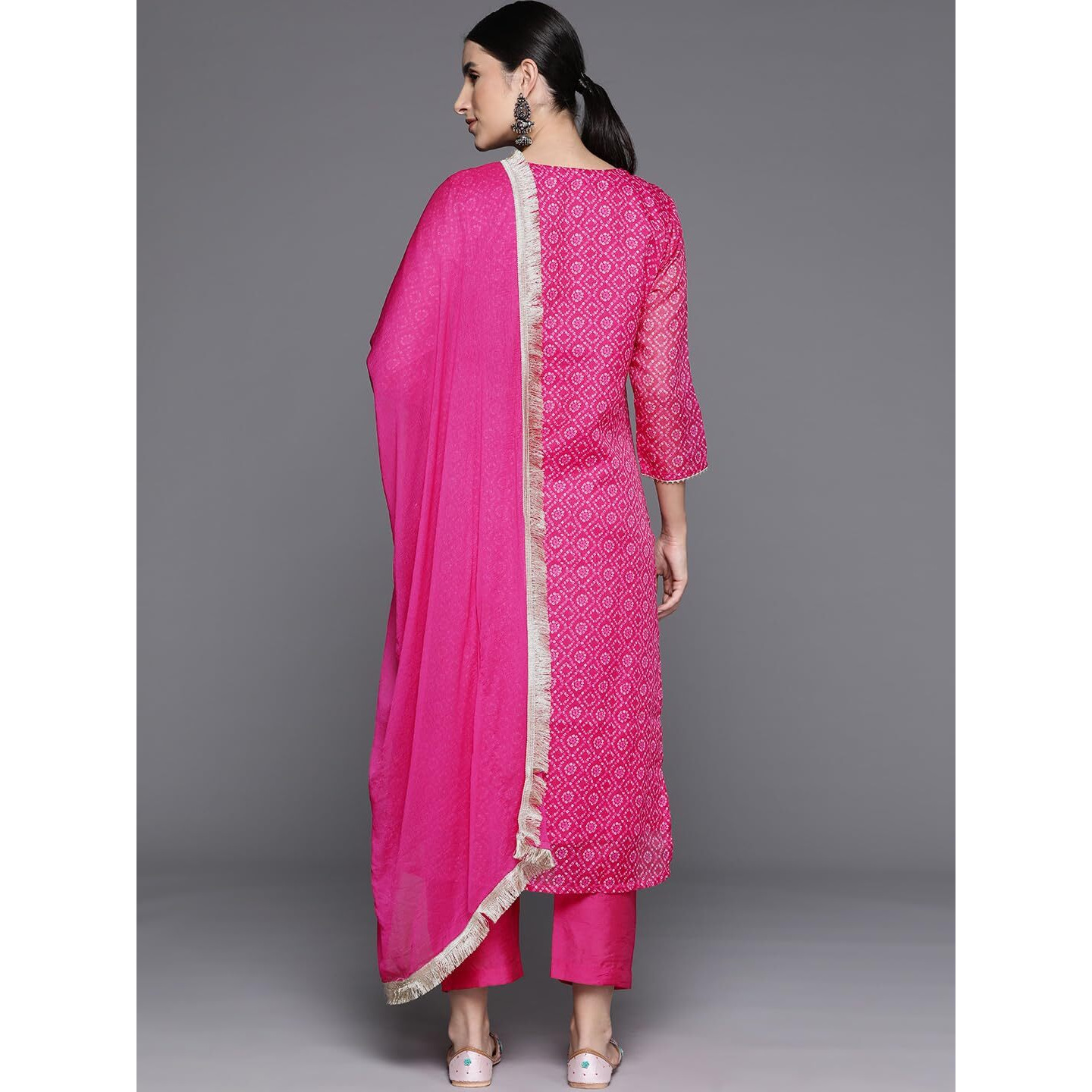 Varanga Women Pink Bandhani Printed Straight Kurta Paired With Bottom And Dupatta