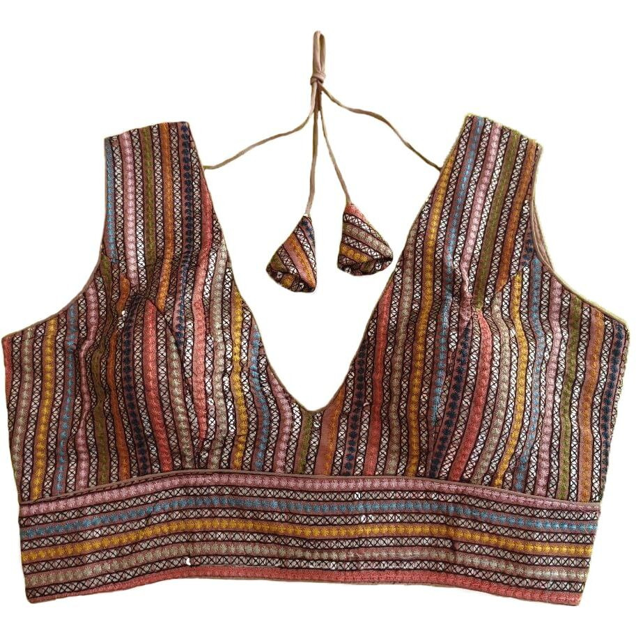 Vihu Fashion Women's Sleeveless Readymade Sabyasachi Pattern V Neck Blouse Embroidery Work With Sequence Blouse Indian Ethnic Wear Readymade Saree Peach Color Blouse For Lehenga Choli Stylis