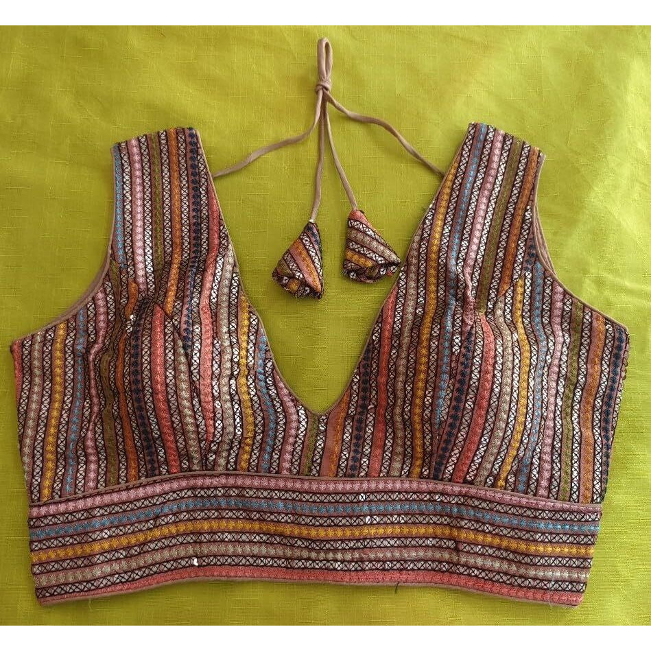 Vihu Fashion Women's Sleeveless Readymade Sabyasachi Pattern V Neck Blouse Embroidery Work With Sequence Blouse Indian Ethnic Wear Readymade Saree Peach Color Blouse For Lehenga Choli Stylis