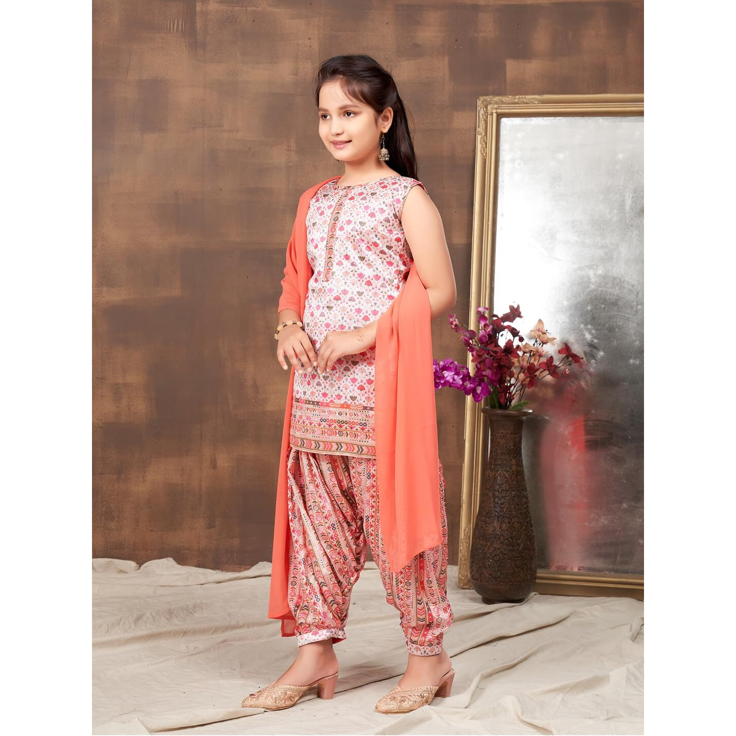 Aarika Girls Ethnic Wear Pink Colour Floral Print Silk Kurti Patiala Set (4-10 Years)