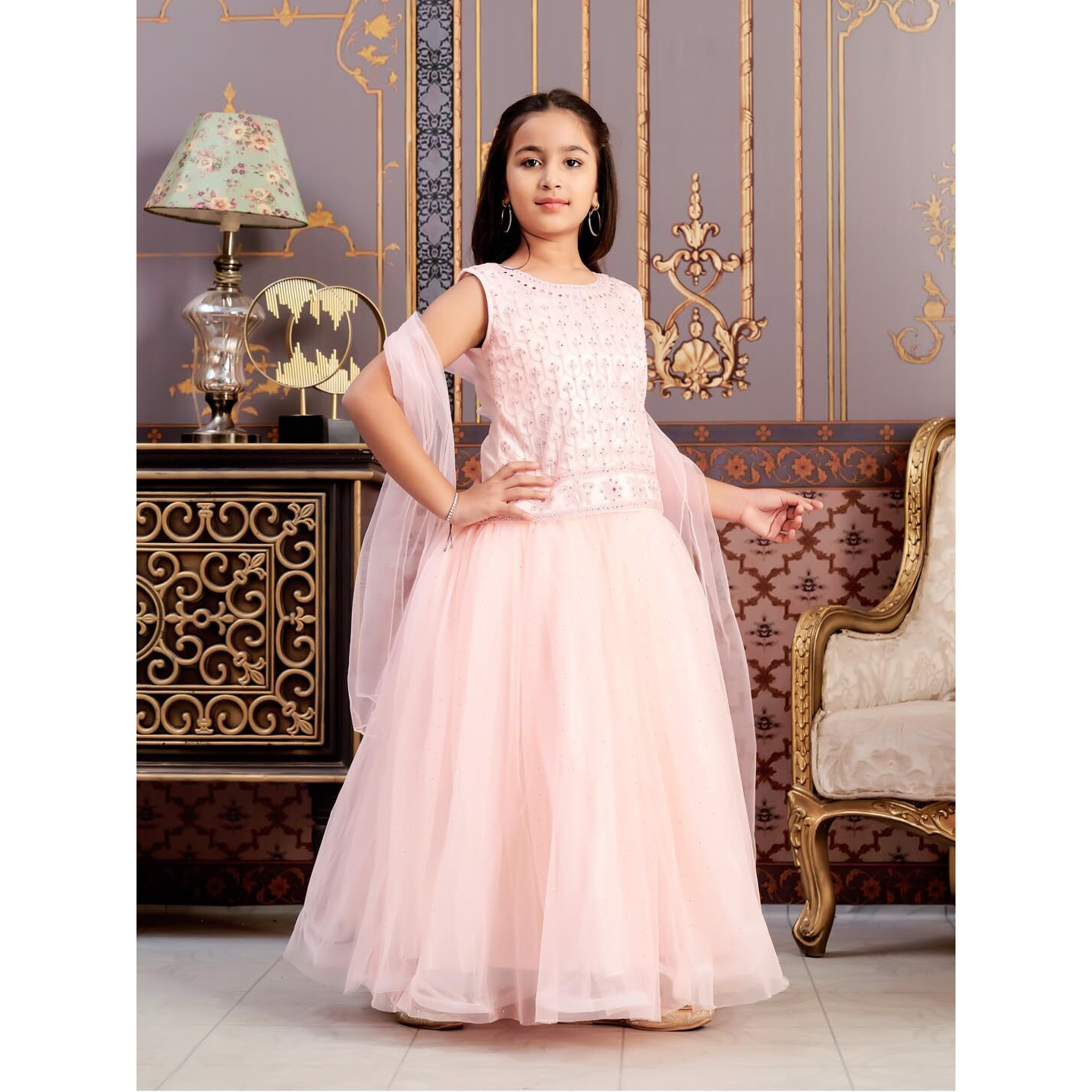 Aarika Girls Ethnic Wear Peach Colour Mirror Embroidery Net Lehenga Choli Set With Dupatta-3-13 Years (Lch-18273)