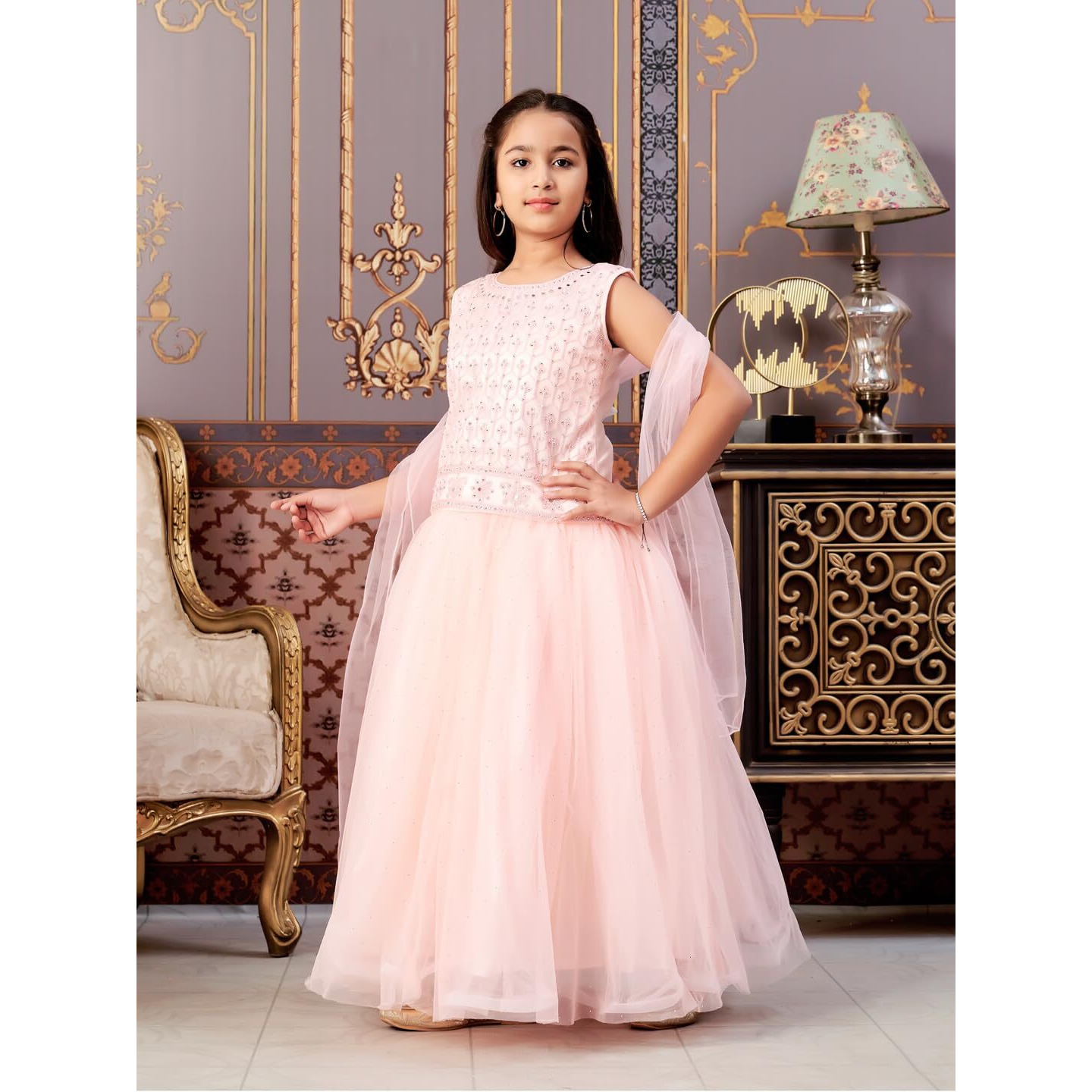 Aarika Girls Ethnic Wear Peach Colour Mirror Embroidery Net Lehenga Choli Set With Dupatta-3-13 Years (Lch-18273)