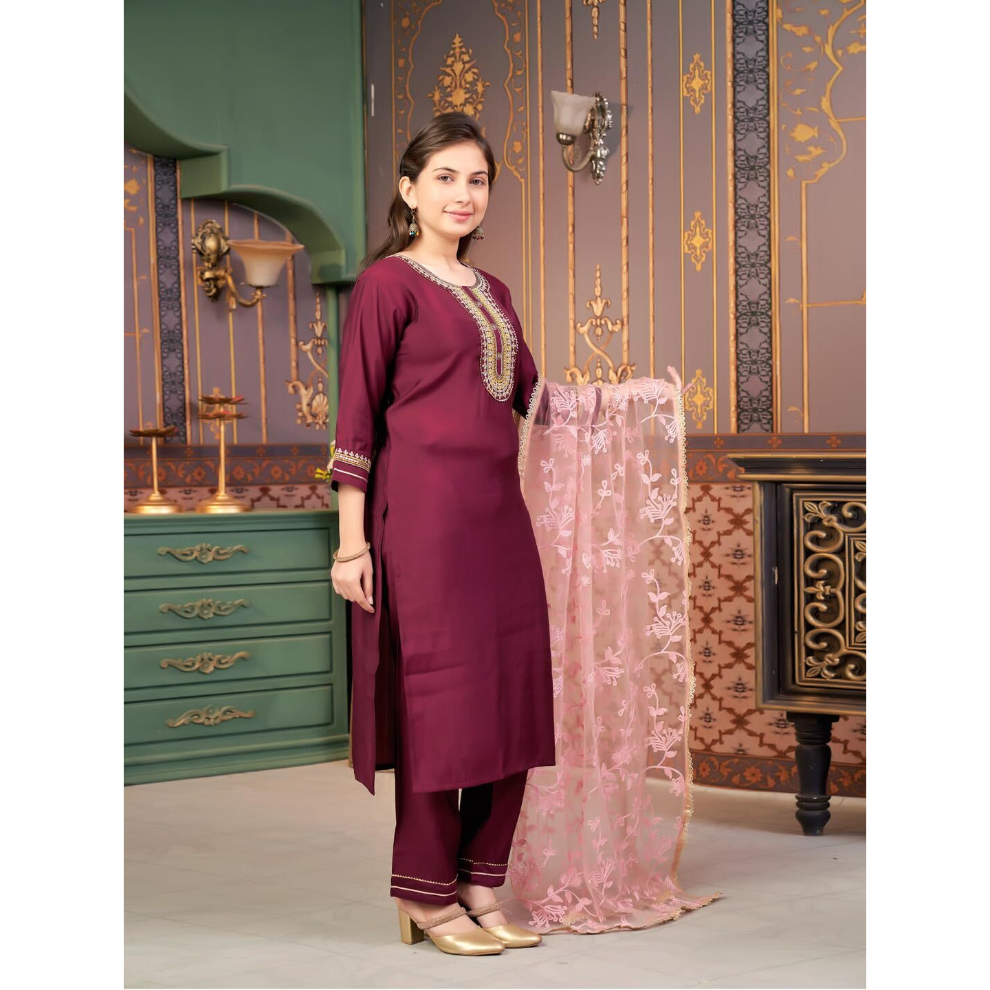 Aarika Girls Ethnic Wear Wine Colour Sequin Embroidery Silk Kurti Pant Set-10-15 Years (Kp-Sd-6001)