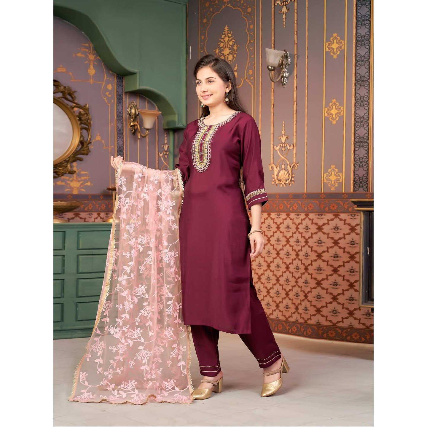 Aarika Girls Ethnic Wear Wine Colour Sequin Embroidery Silk Kurti Pant Set-10-15 Years (Kp-Sd-6001)