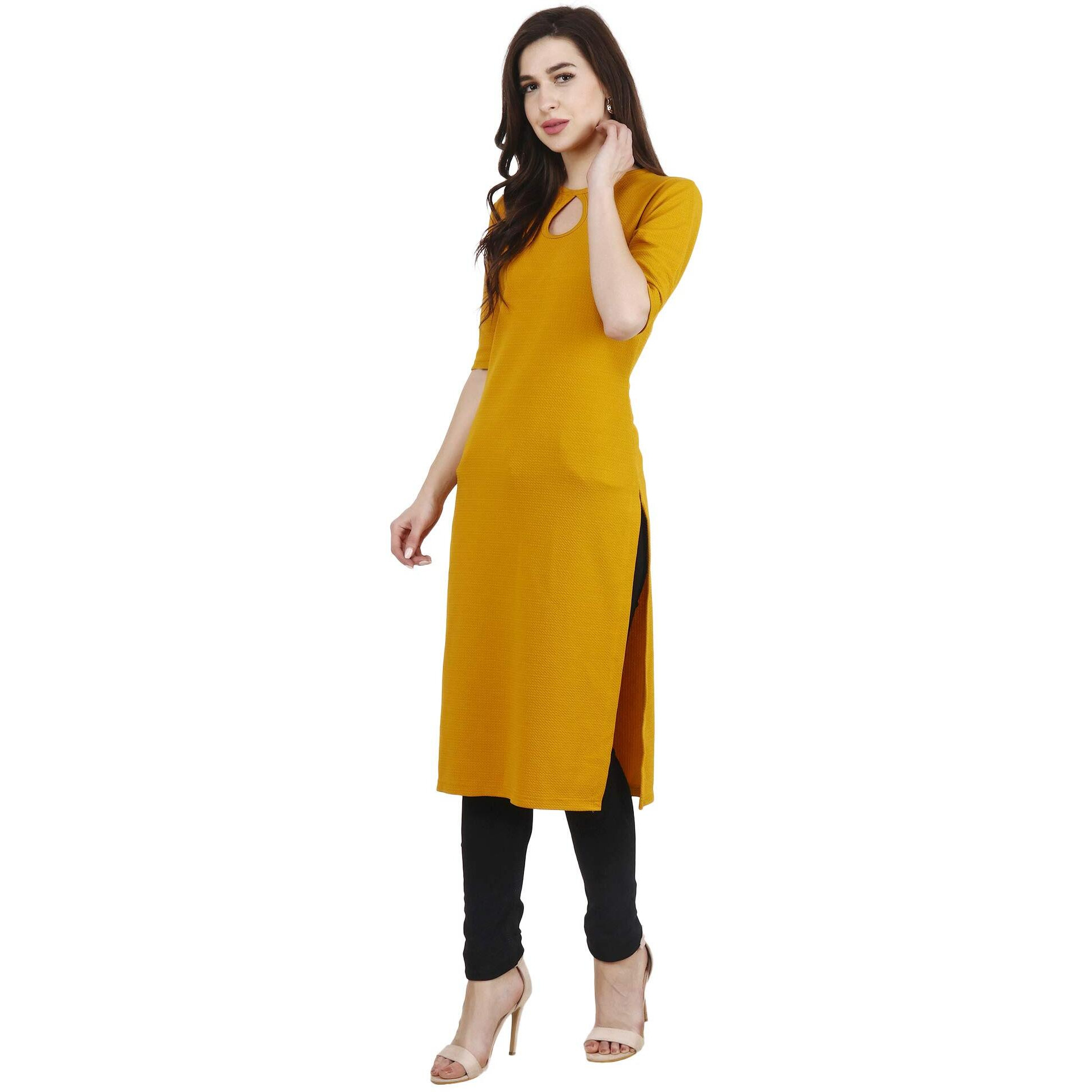 Popwings Casual Mustard Key Hole Streachable Kurti