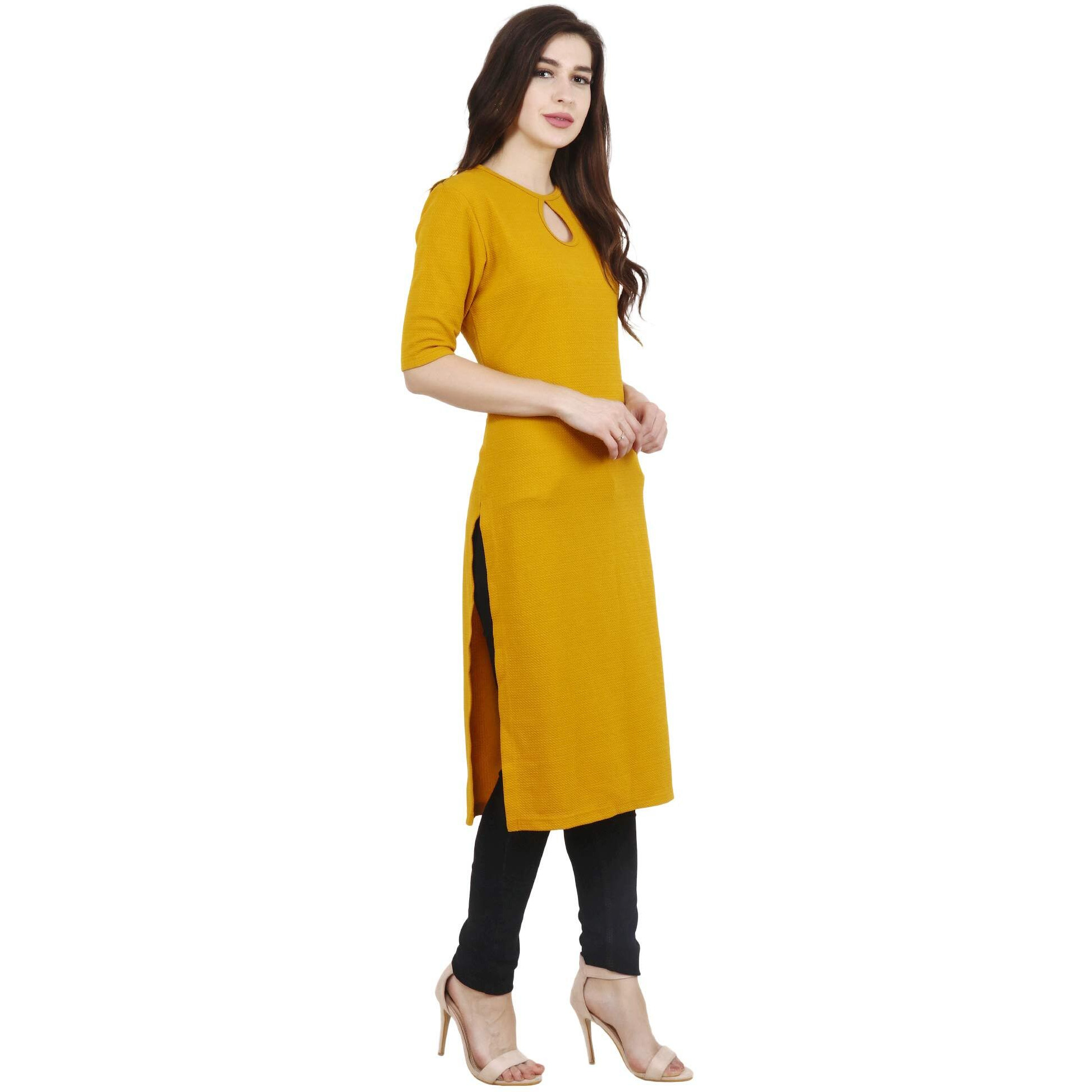 Popwings Casual Mustard Key Hole Streachable Kurti
