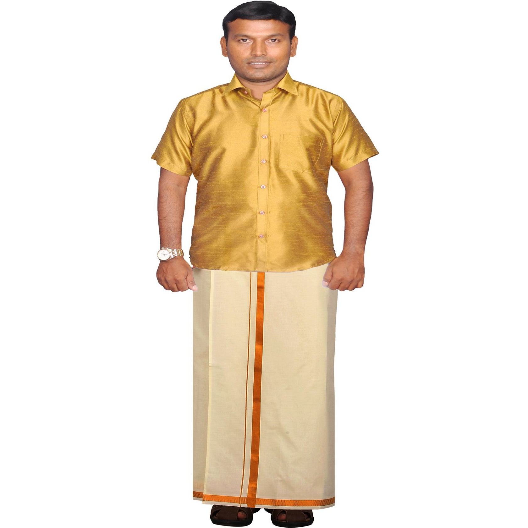 Prakasam Cotton Mens Dhoti Shirt Set (Cream Colour Single Dhoti & A Dupion Silk Half Sleeve Slim Fit Shirt) (42)